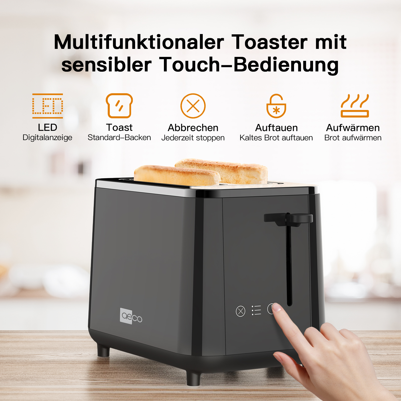 Ein schwarzer Toaster mit zwei Brotscheiben, eine Hand berührt die Ein-/Aus-Taste. Symbole: LED, Toast, Abbrechen, Auftauen und Aufwärmen.