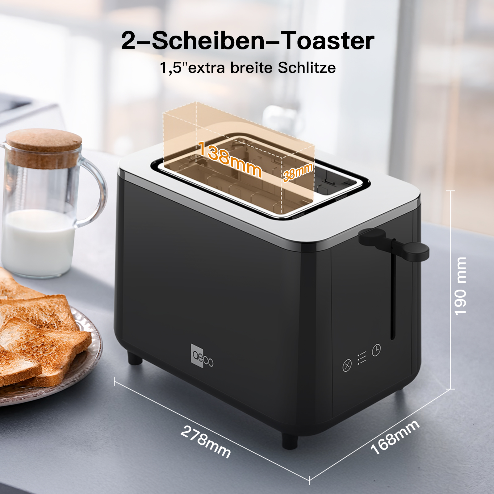 Schwarzer Toaster mit Abmessungen, Brot und Milch auf einer Theke. Text-Overlay: 2-Scheiben-Toaster.
