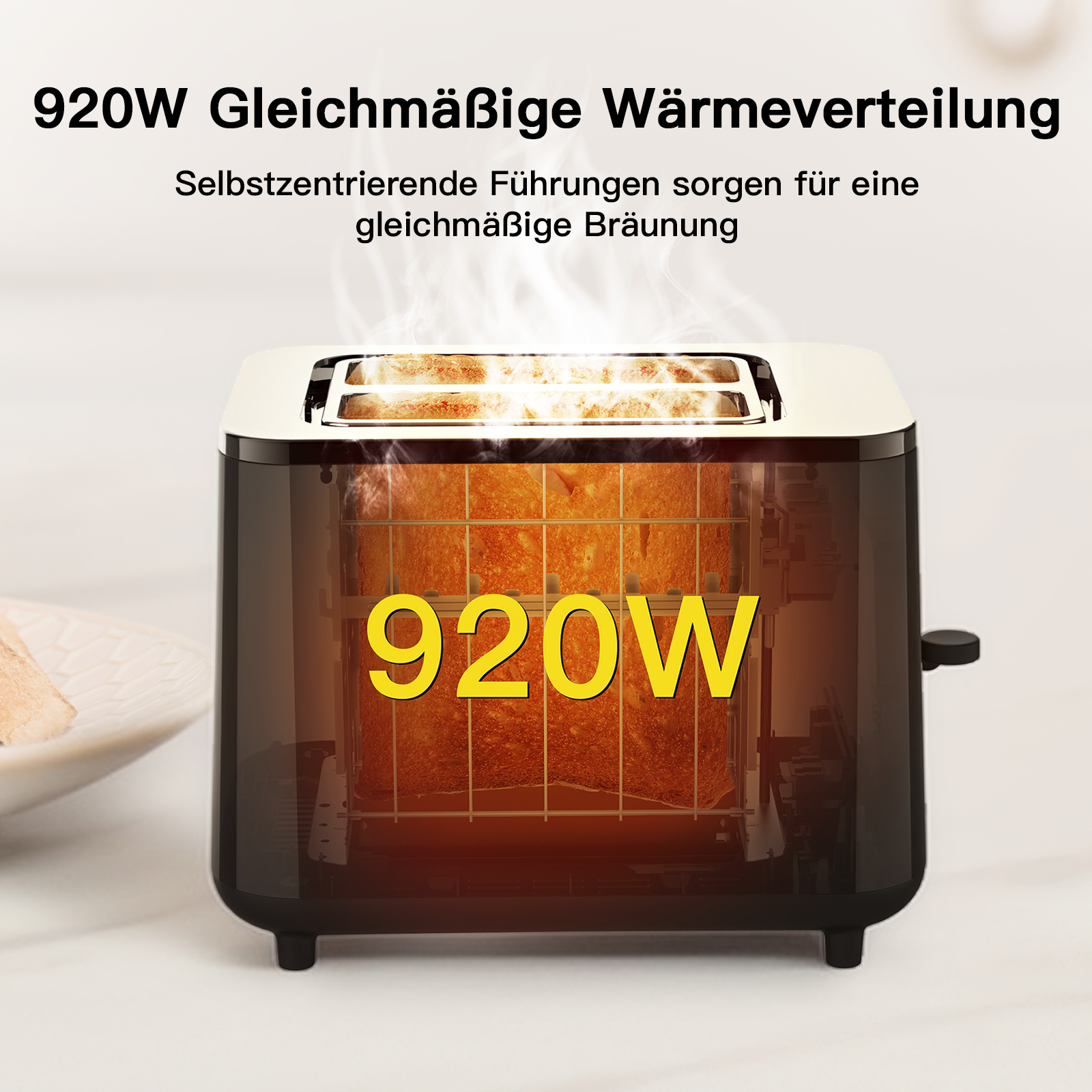 Toaster mit Brot, Dampf steigt auf. Text: 920W, Gleichmäßige Wärmeverteilung, Selbstzentrierende Führungen sorgen für eine gleichmäßige Bräunung.