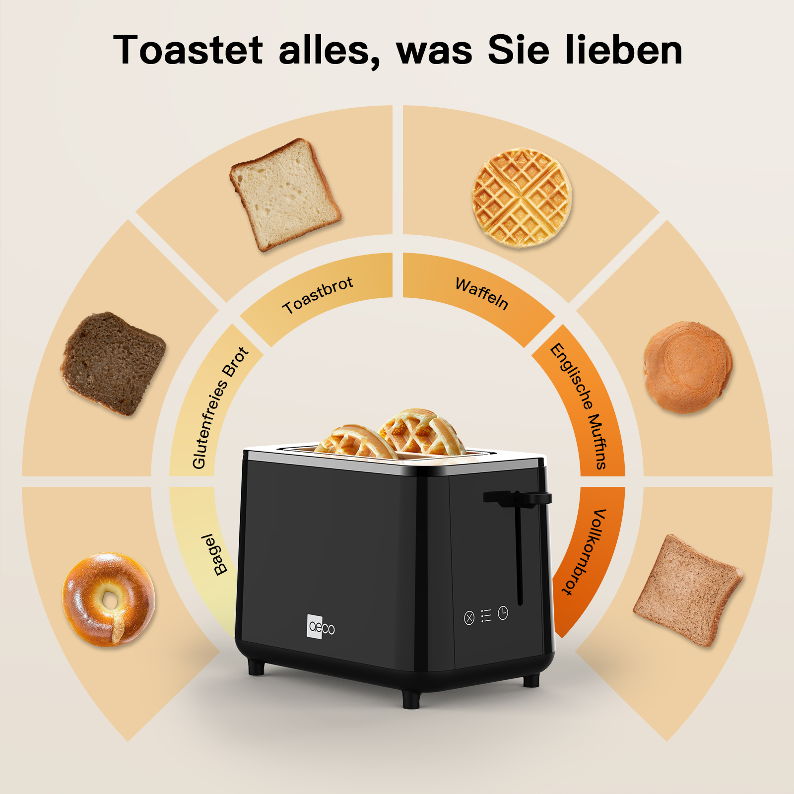Ein schwarzer Toaster mit Waffeln. Verschiedene Brotsorten umgeben ihn: Bagel, Toast, Waffel, englisches Muffin usw.