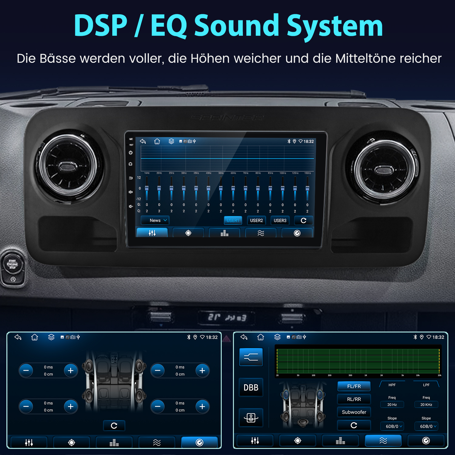 Aut Armaturenbrett mit Soundsystem-Oberfläche, Equalizer-Einstellungen. Der Bildschirm zeigt Frequenzanpassungen und Audio-Steuerungen.