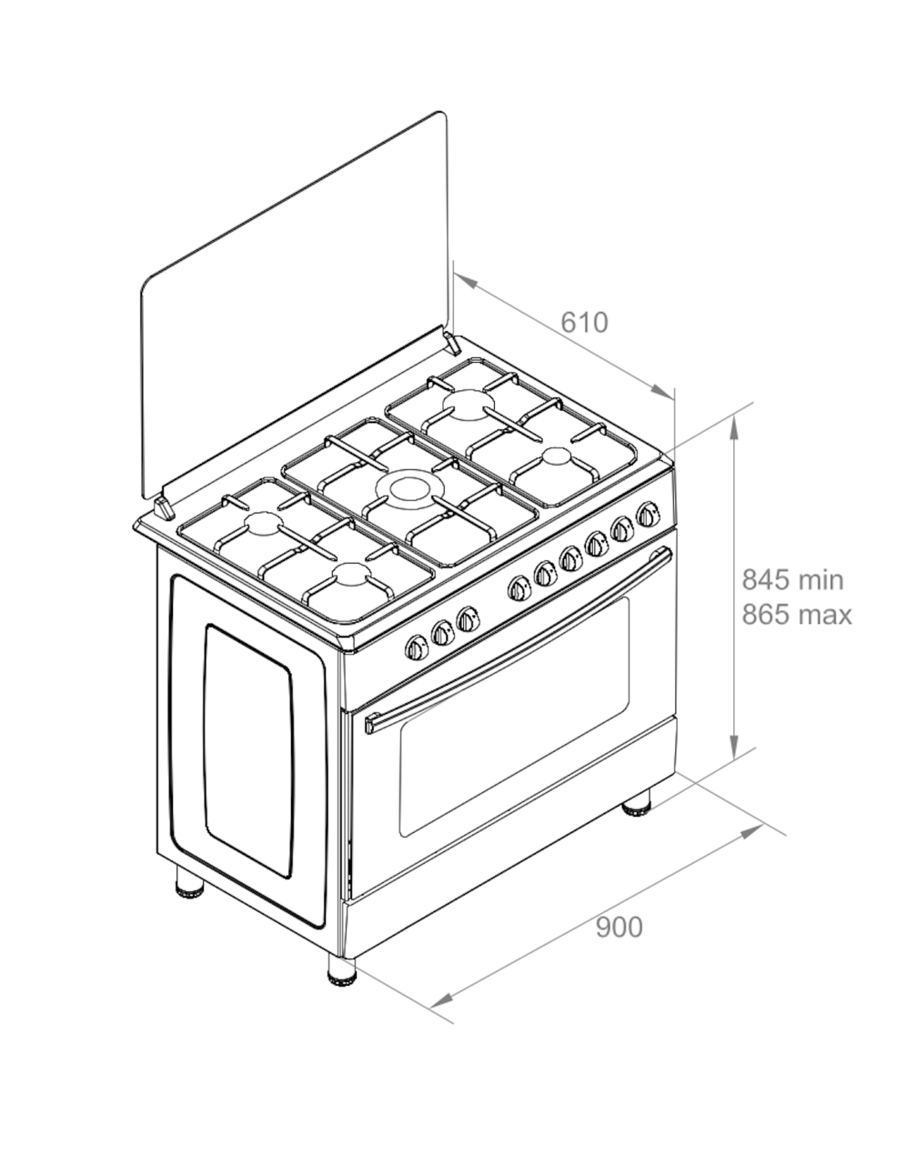 A line drawing of a gas stove, with dimensions labeled. It has six burners, an oven, and a back panel.