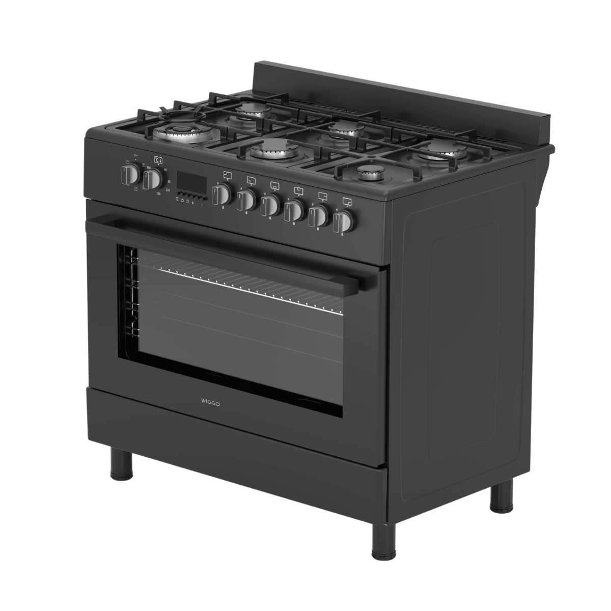 Een zwart gasfornuis met vijf branders, een oven en bedieningsknoppen. De ovendeur is van glas.