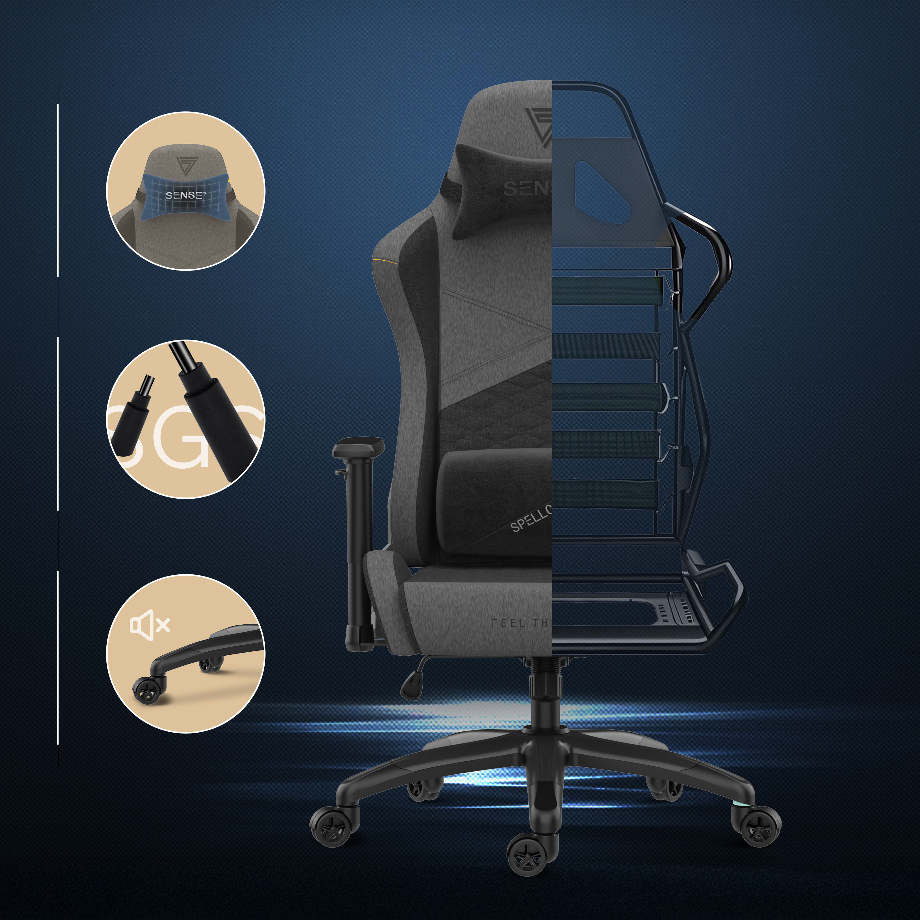 Gaming stoel met grijze stoffen zitting, zwart frame en details. Inclusief close-ups en een geluidsicoon.