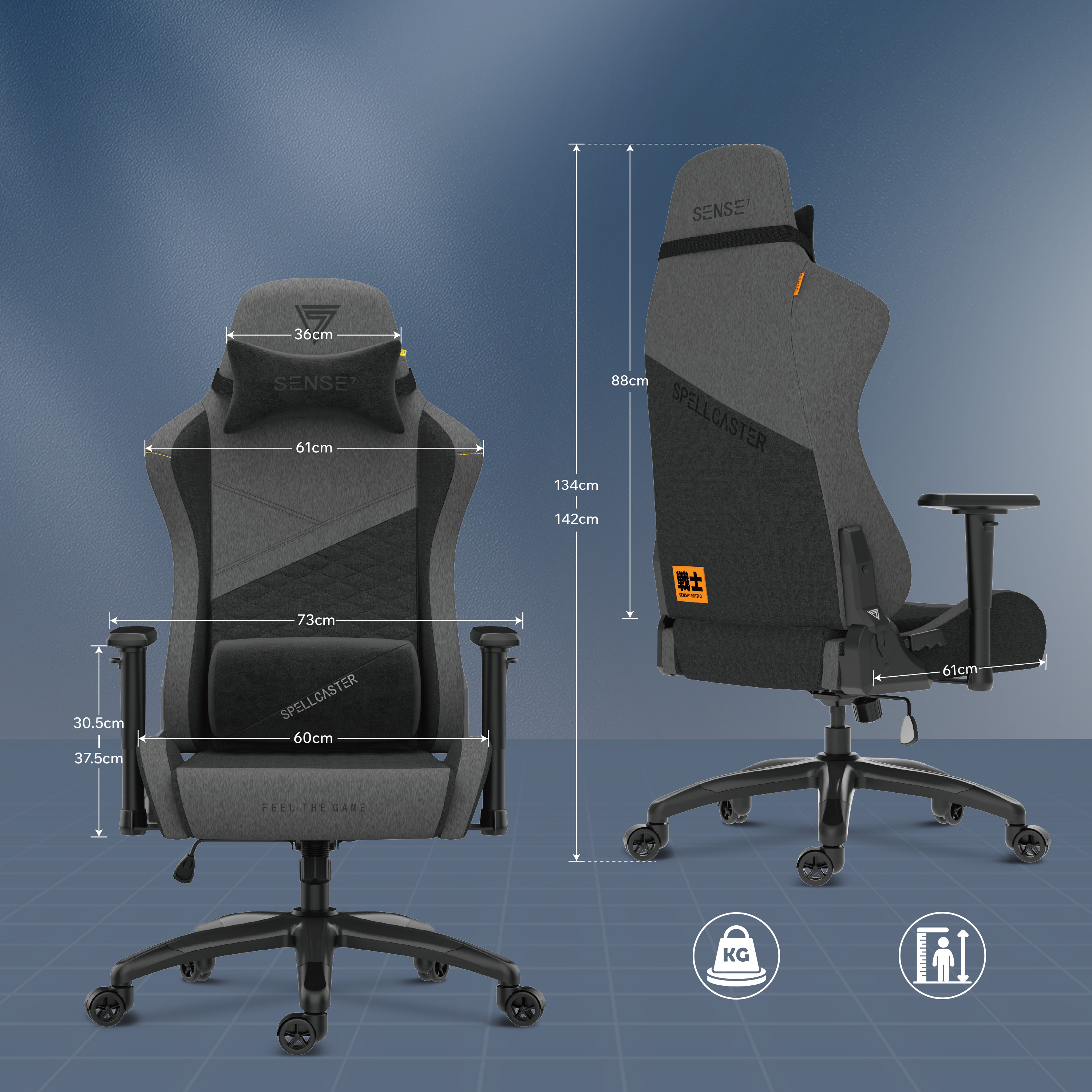 Gamingstoel met afmetingen. Grijze en zwarte stoel met 'SPELLCASTER' en 'SENSE7' branding. Inclusief een gewichts- en hoogte-icoon.