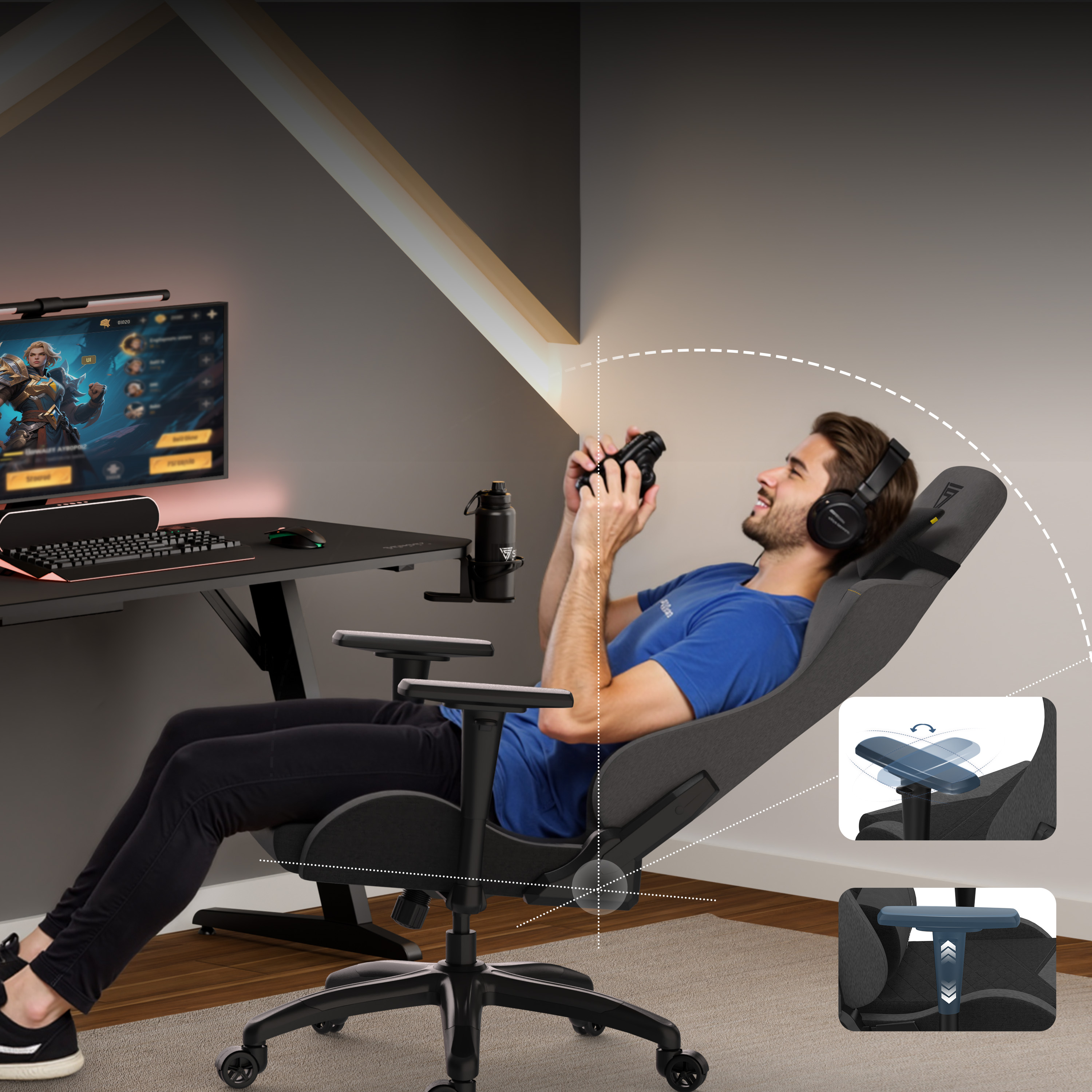 Man in gamingstoel speelt een spel. Bureau met monitor, toetsenbord, waterfles. Stoeldetails getoond.