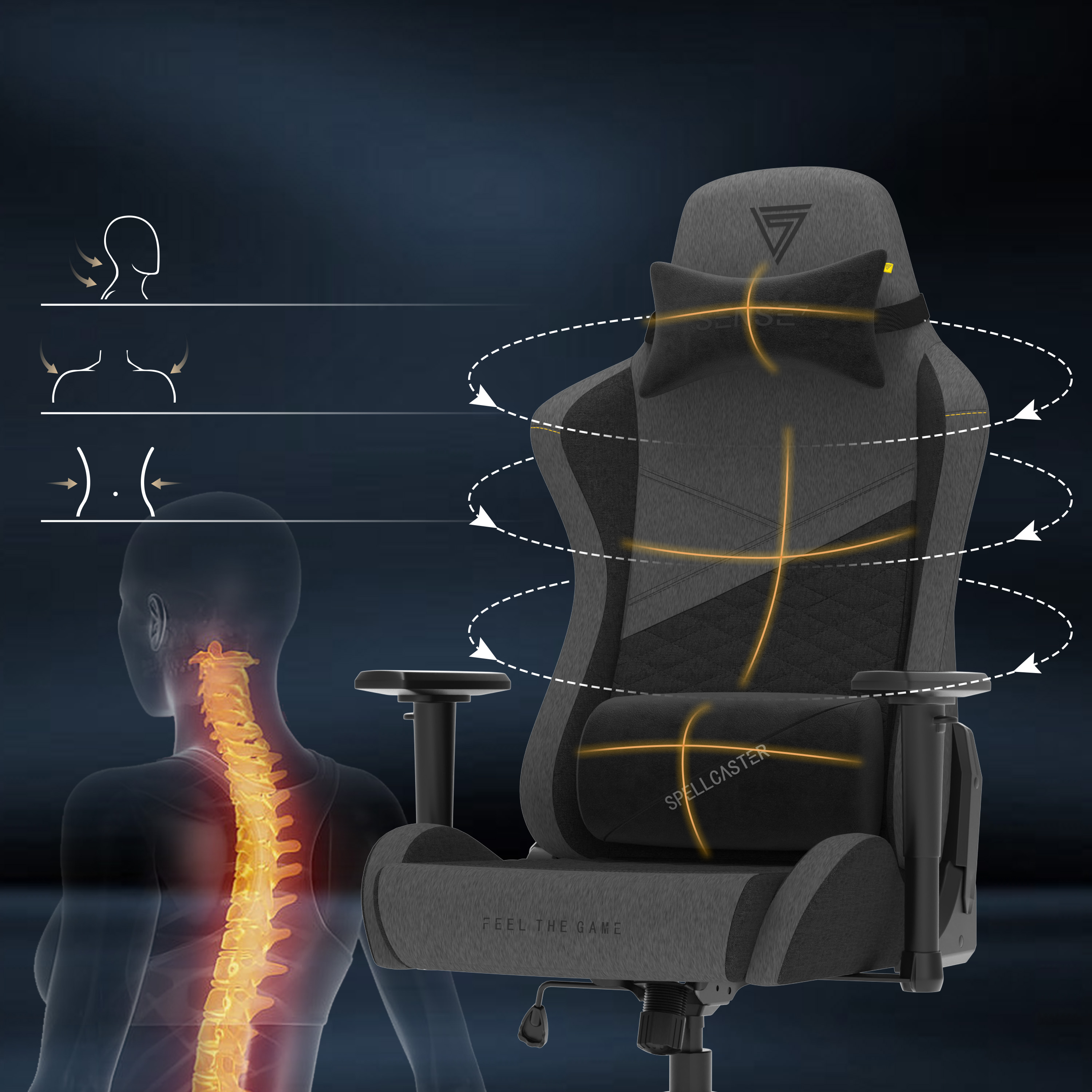 Gamingstoel met ergonomisch ontwerp. Rug- en neksteun benadrukt. Ruggenwervelmodel en diagrammen benadrukken comfort.