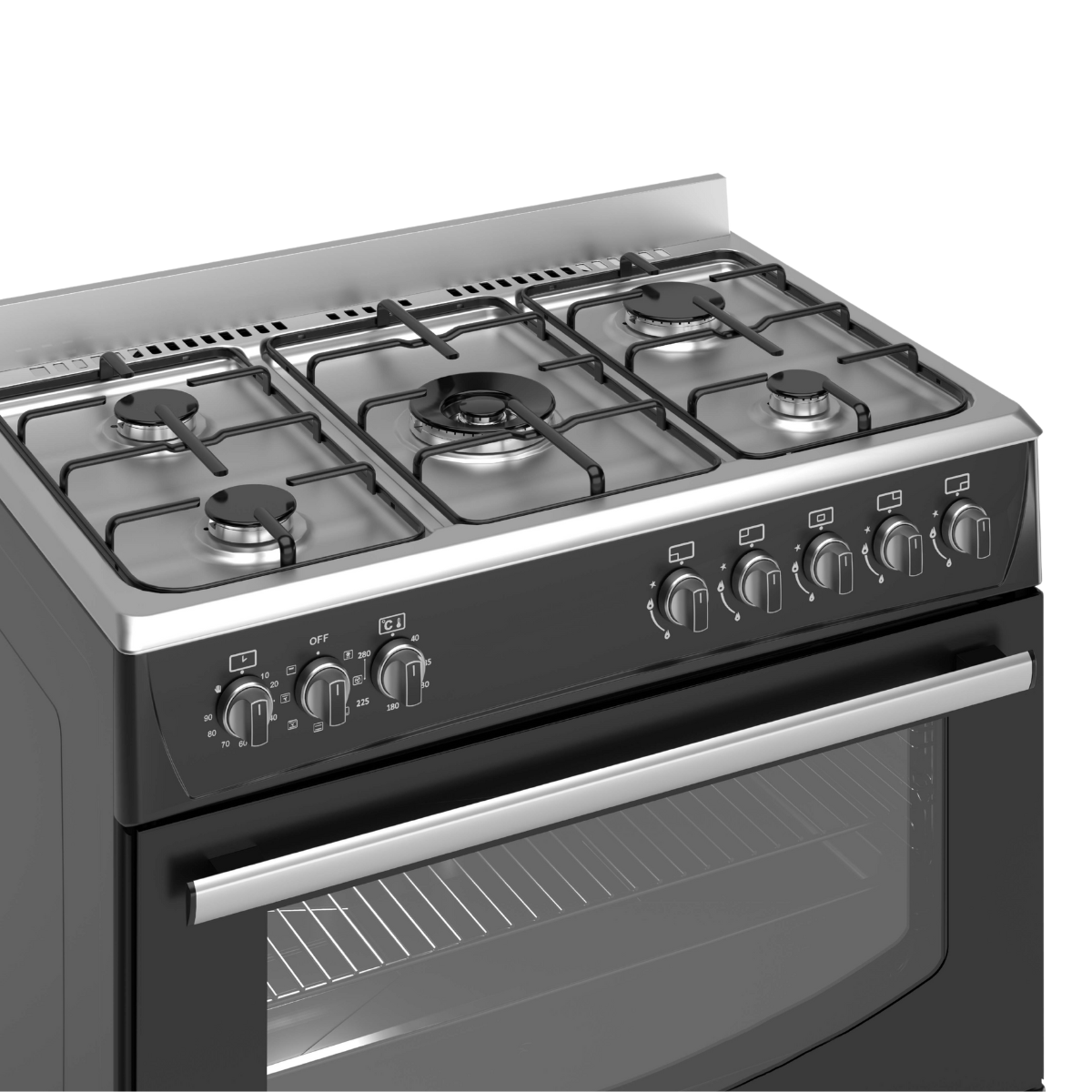 A black and silver gas stove. Six burners on top, oven below with glass door and handle. Knobs for burner controls.