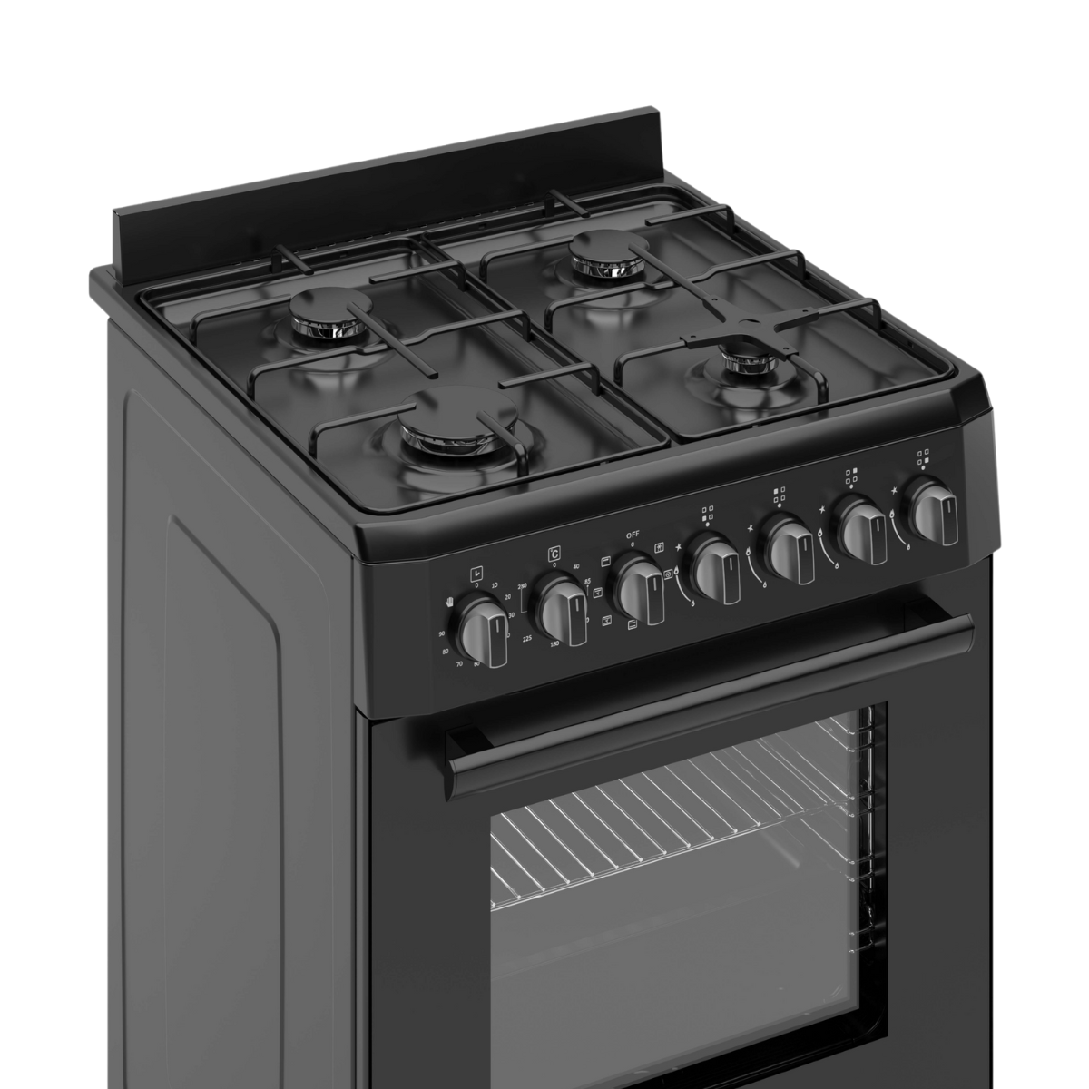 A black gas stove with four burners, control knobs, and an oven. The oven door is closed, revealing a wire rack inside.