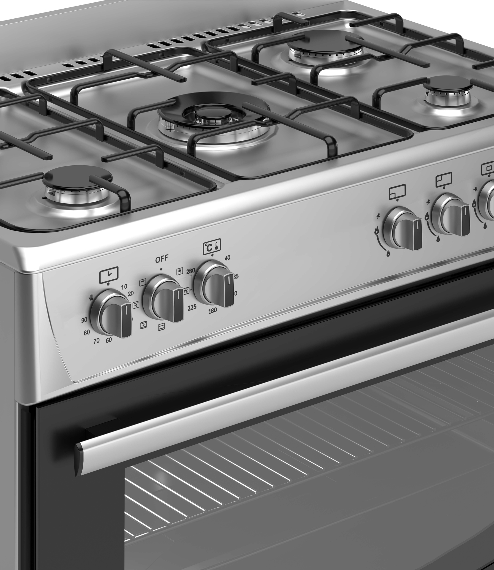 A stainless steel gas stove with burners, control knobs, and an oven. The oven door is closed.