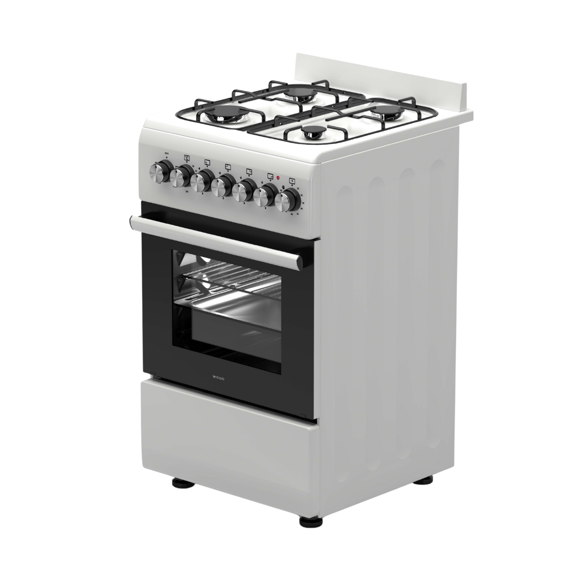 A white gas stove with black burners and oven door. Knobs on the front. The oven door is closed with a handle.