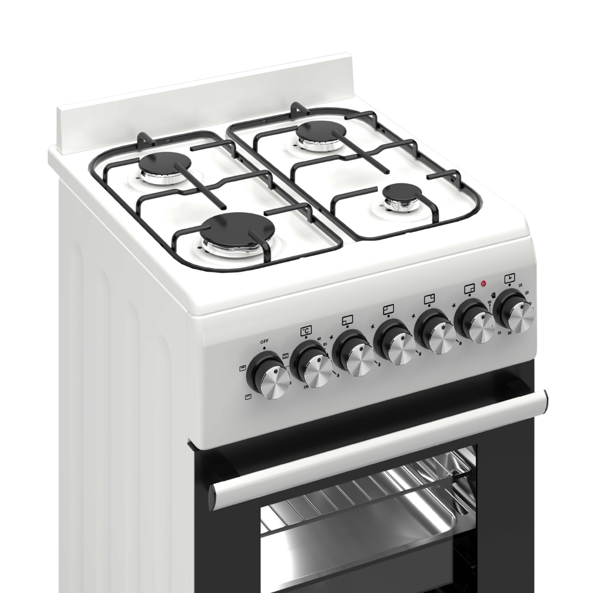 A white gas stove with four burners and control knobs. It has an oven below and a black background.