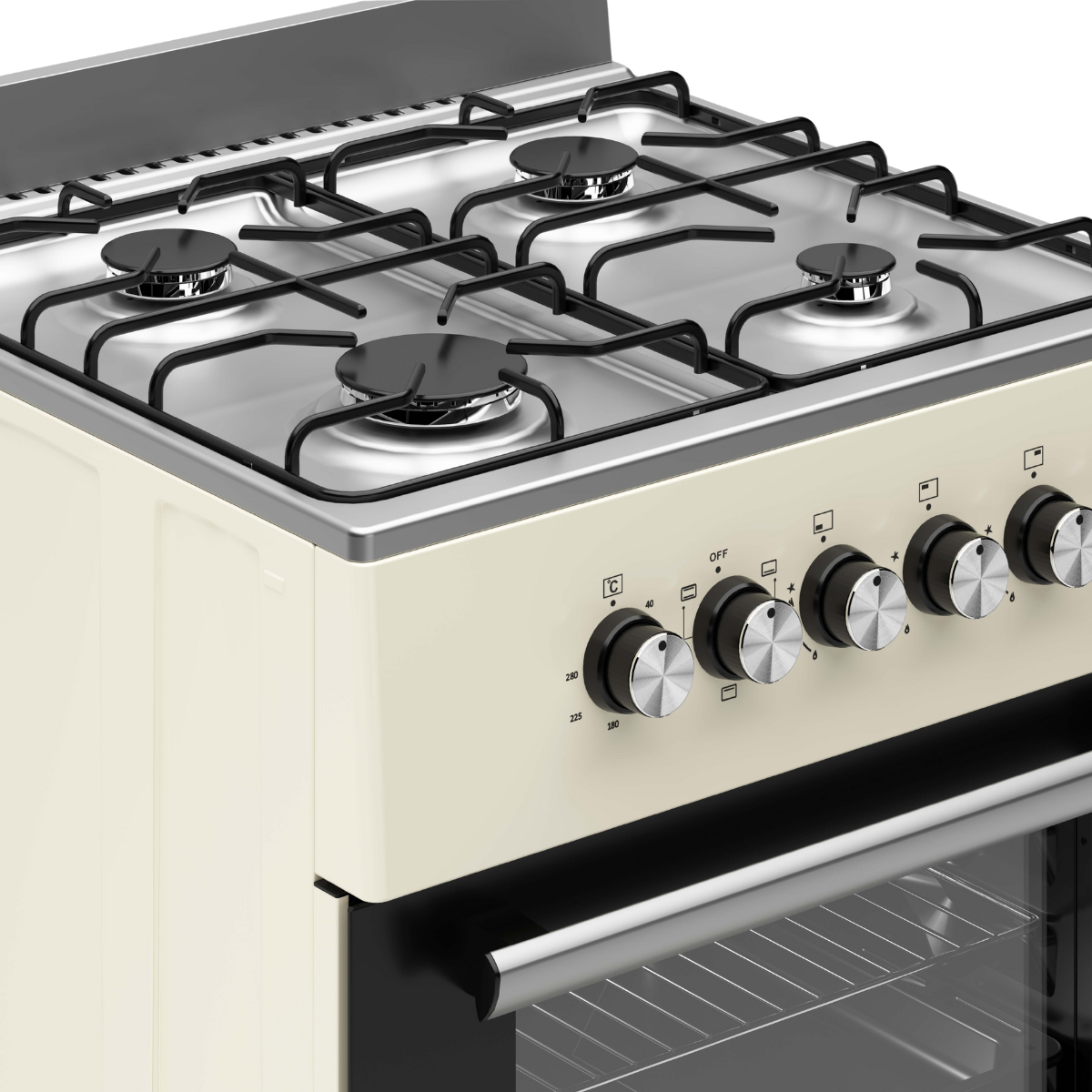 A cream-colored gas stove with four burners, black grates, and control knobs. Oven door with a handle is visible. The stove is in a studio setting.