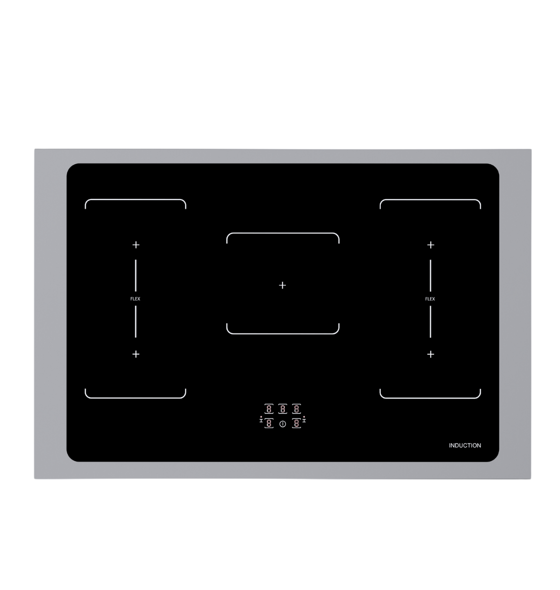 Black induction cooktop with silver frame. It has four cooking zones with controls. The word 'INDUCTION' is printed on the bottom right.