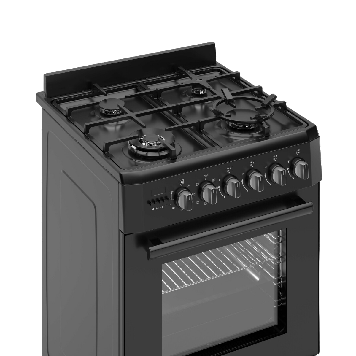 Een zwart gasfornuis met vier branders en een oven. Knoppen zitten aan de voorkant. De ovendeur is gesloten.