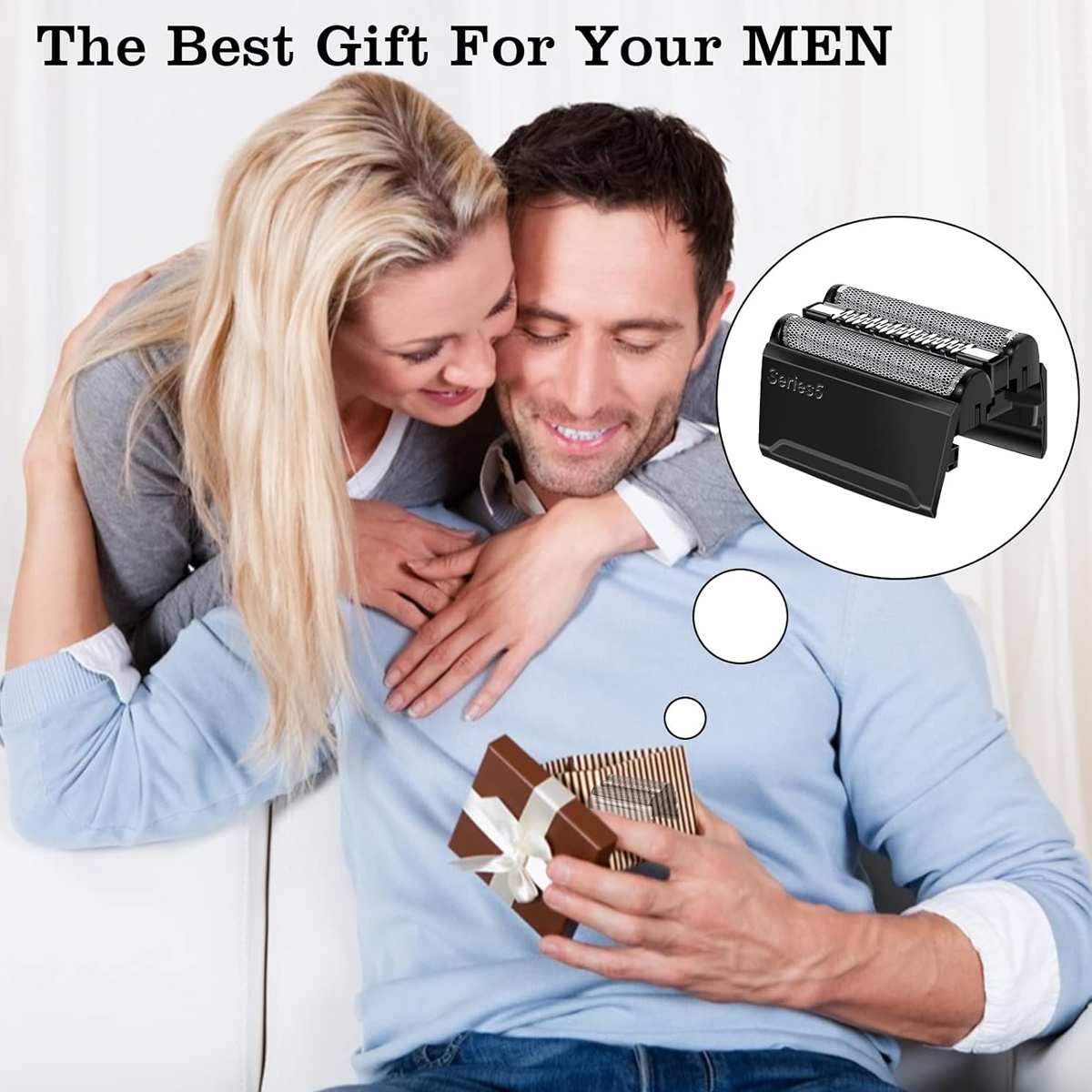 Ein Paar, Frau umarmt Mann, hält eine Geschenkbox. Ein Rasiererkopf ist in einem Kreis. Text sagt 'Das beste Geschenk für Ihre Männer'.