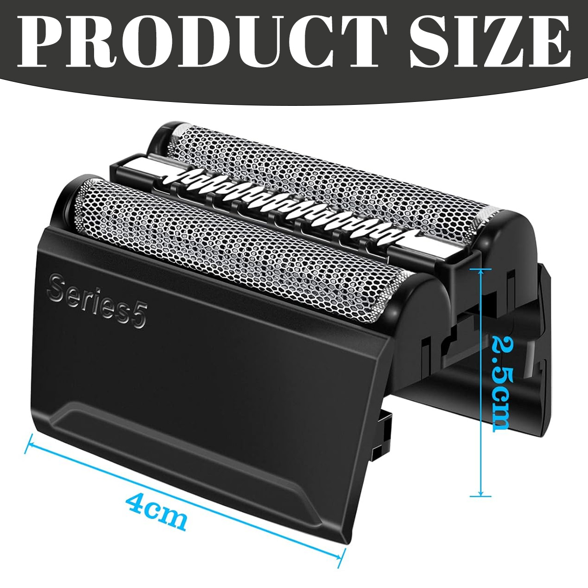 Schwarzer Rasiererkopf mit den Maßen 4 cm x 2,5 cm. Der Text 'PRODUCT SIZE' steht oben. Das Produkt ist Serie 5.
