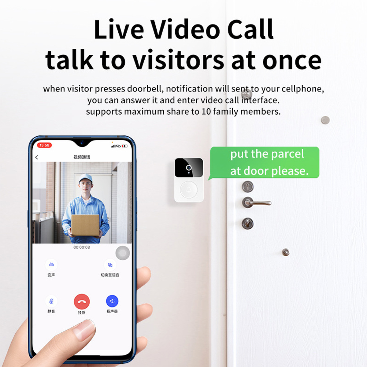 Ein Smartphone zeigt einen Videoanruf mit einem Zusteller. Eine Türklingel befindet sich an einer weißen Tür. Text sagt: 'Bitte Paket an die Tür legen'.