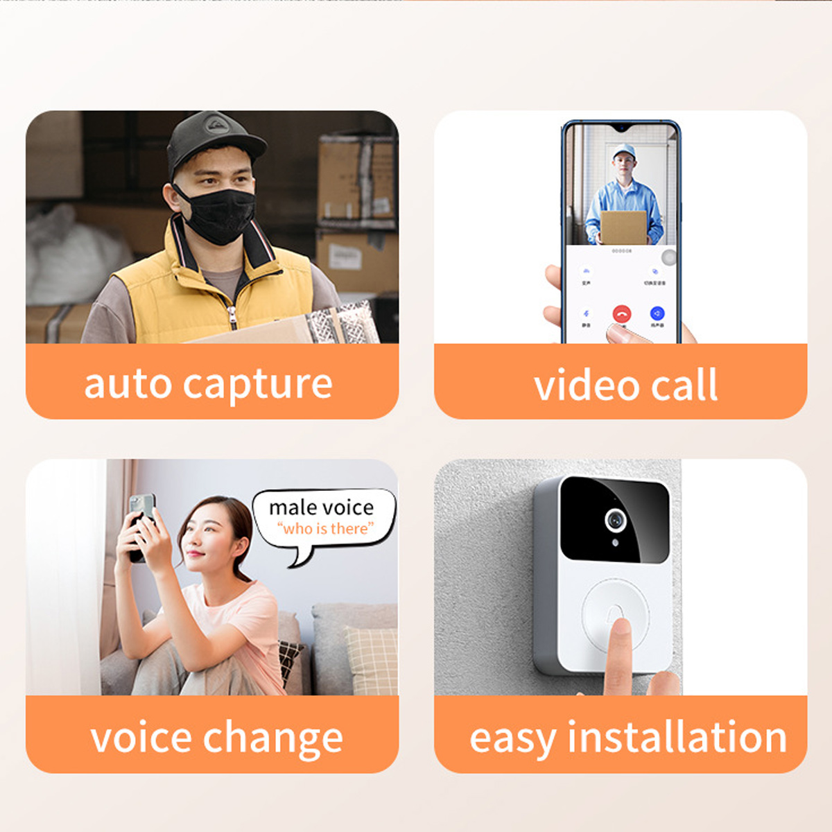 Das Bild zeigt Funktionen: automatische Erfassung, Videoanruf, Sprachänderung und einfache Installation. Beinhaltet einen Lieferanten, Telefonanrufschnittstelle und Türklingel.