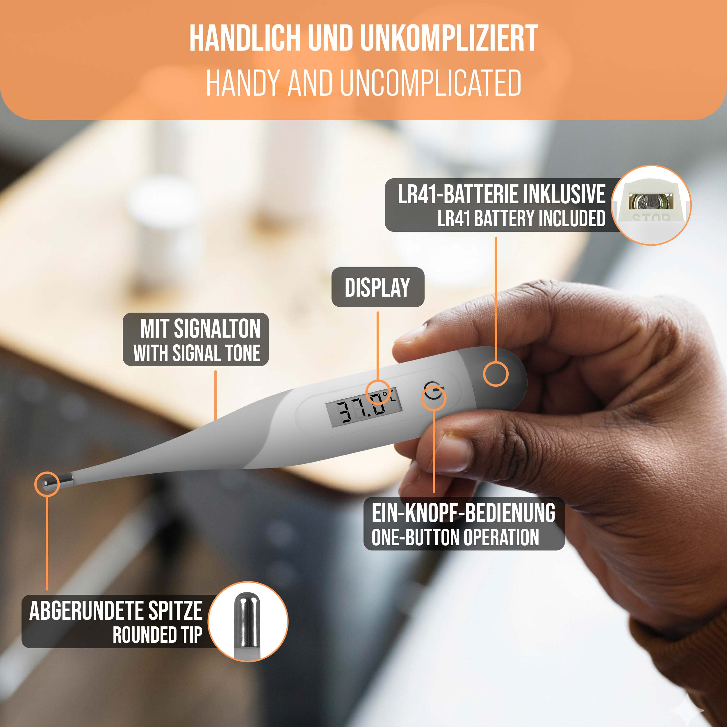 Eine Hand hält ein digitales Thermometer mit 37,0 Grad. Beschriftungen zeigen Funktionen wie Ein-Knopf-Bedienung.