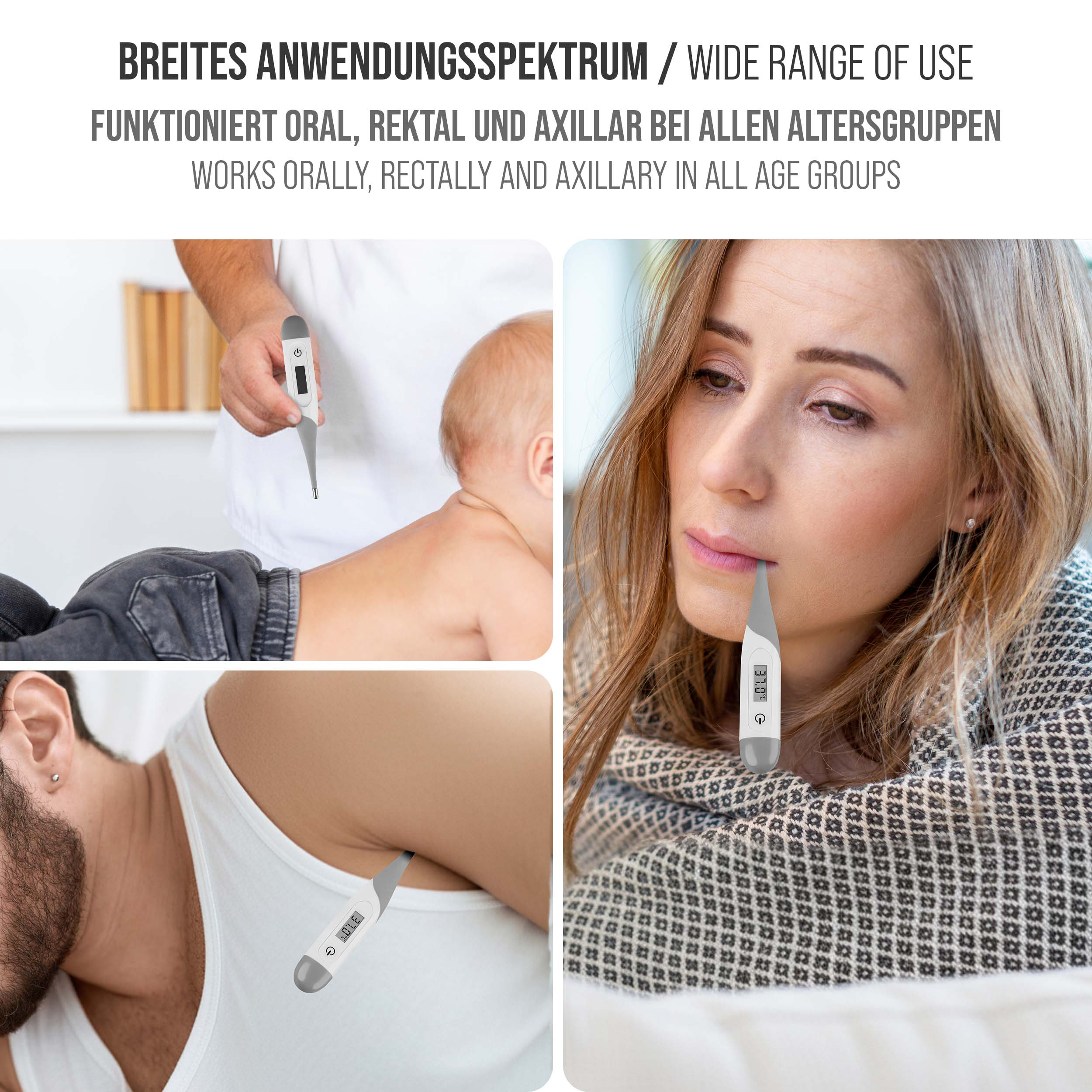 Das Bild zeigt die Verwendung eines Thermometers: Baby, Frau und Mann. Der Text besagt, dass es für orale, rektale und axillare Verwendung ist.