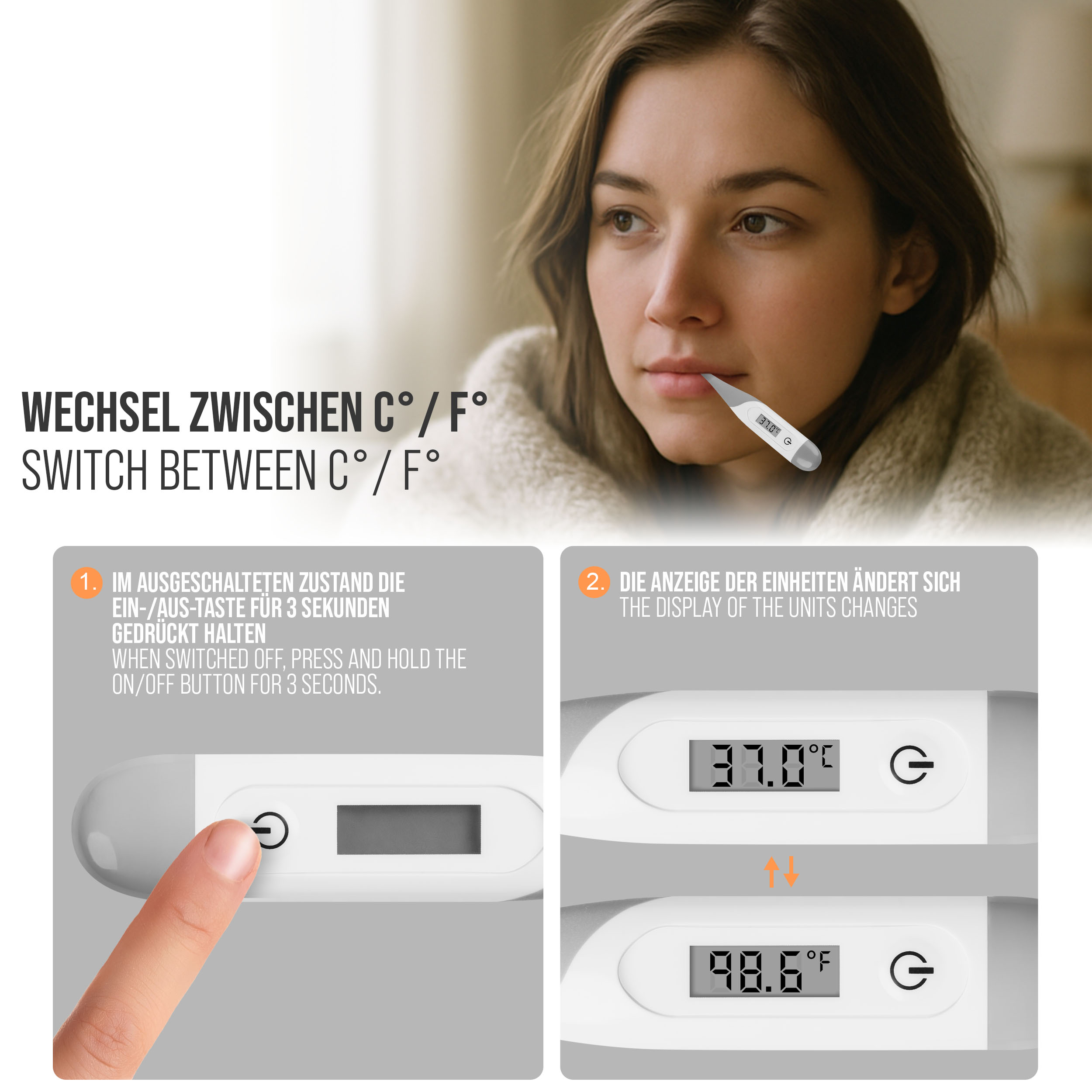 Frau benutzt Thermometer. Anweisungen zeigen, wie man zwischen Celsius und Fahrenheit wechselt.