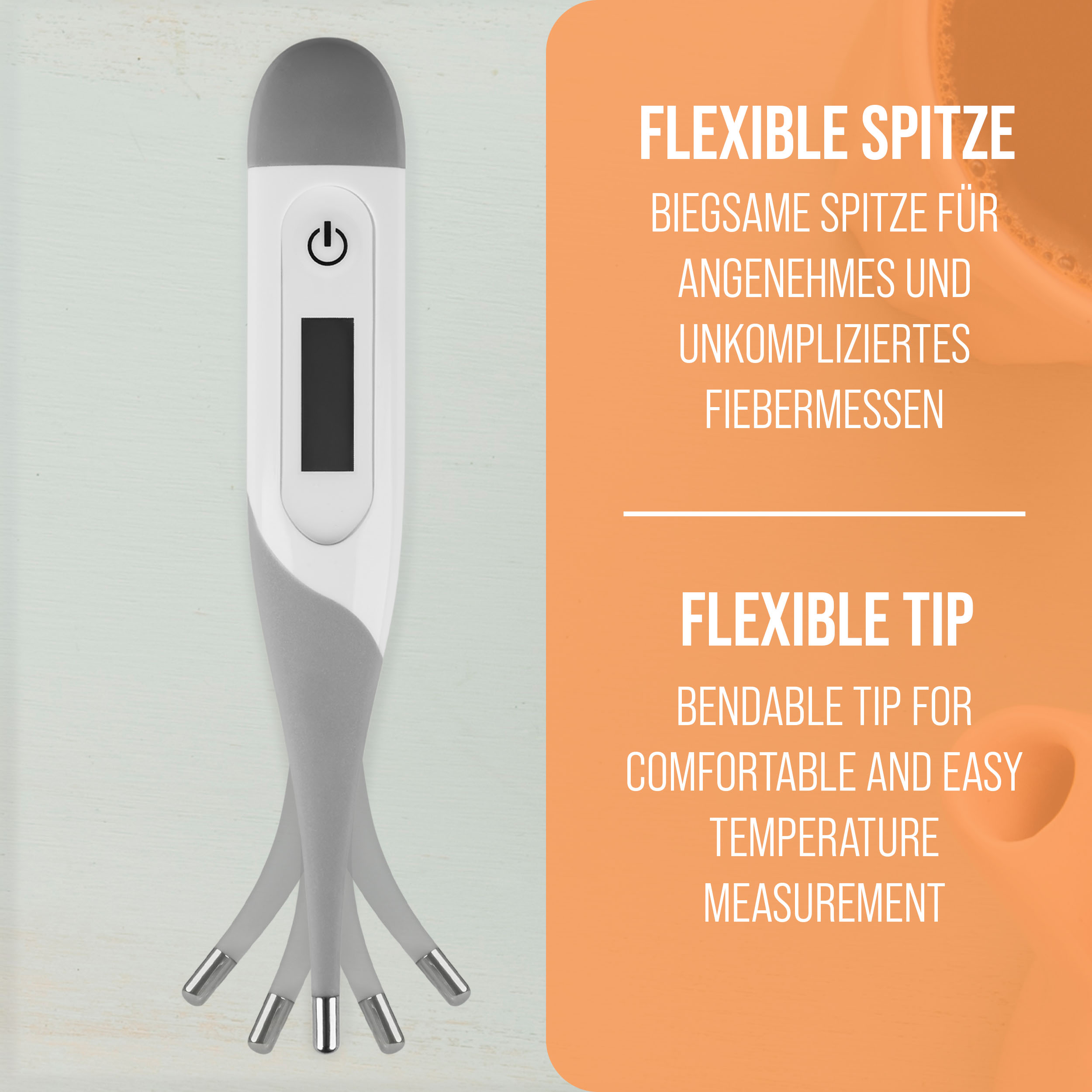 Ein weißes und graues Thermometer mit flexiblen Spitzen liegt auf einer hellen Holzoberfläche, orangefarbener Hintergrund mit Text.