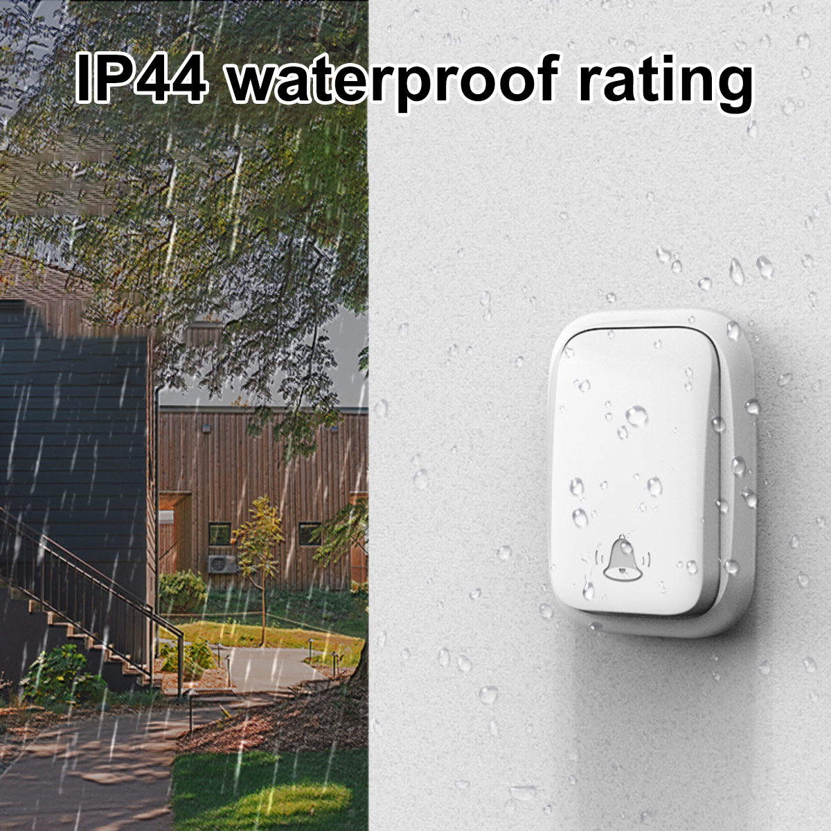 Weiße Türklingel an weißer Wand mit Regentropfen. Gebäude und Bäume links. Text "IP44 wasserdicht" oben.