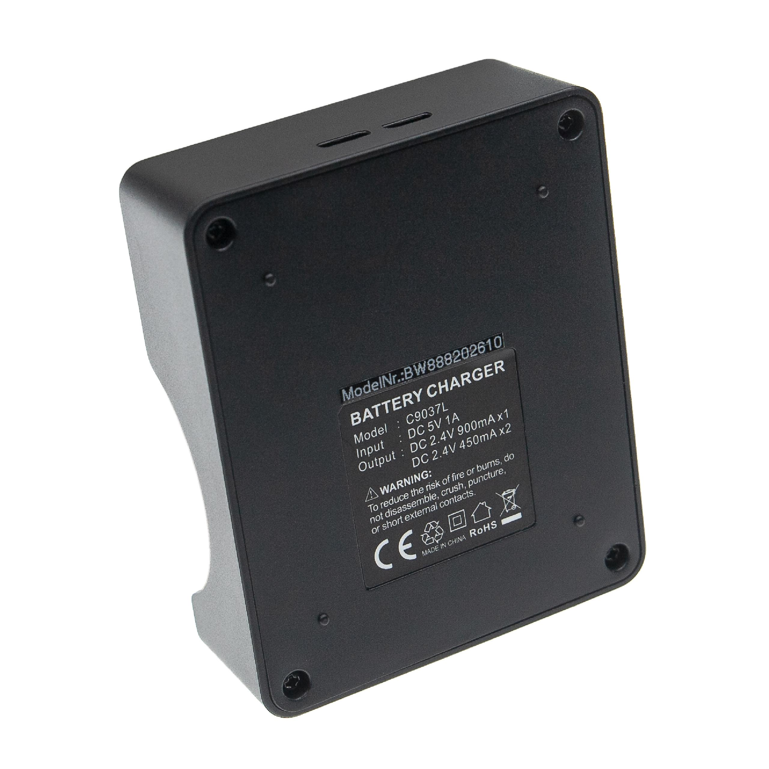 Schwarzes Batterieladegerät mit weißem Text. Es hat ein CE-Zeichen und ein Warnetikett.