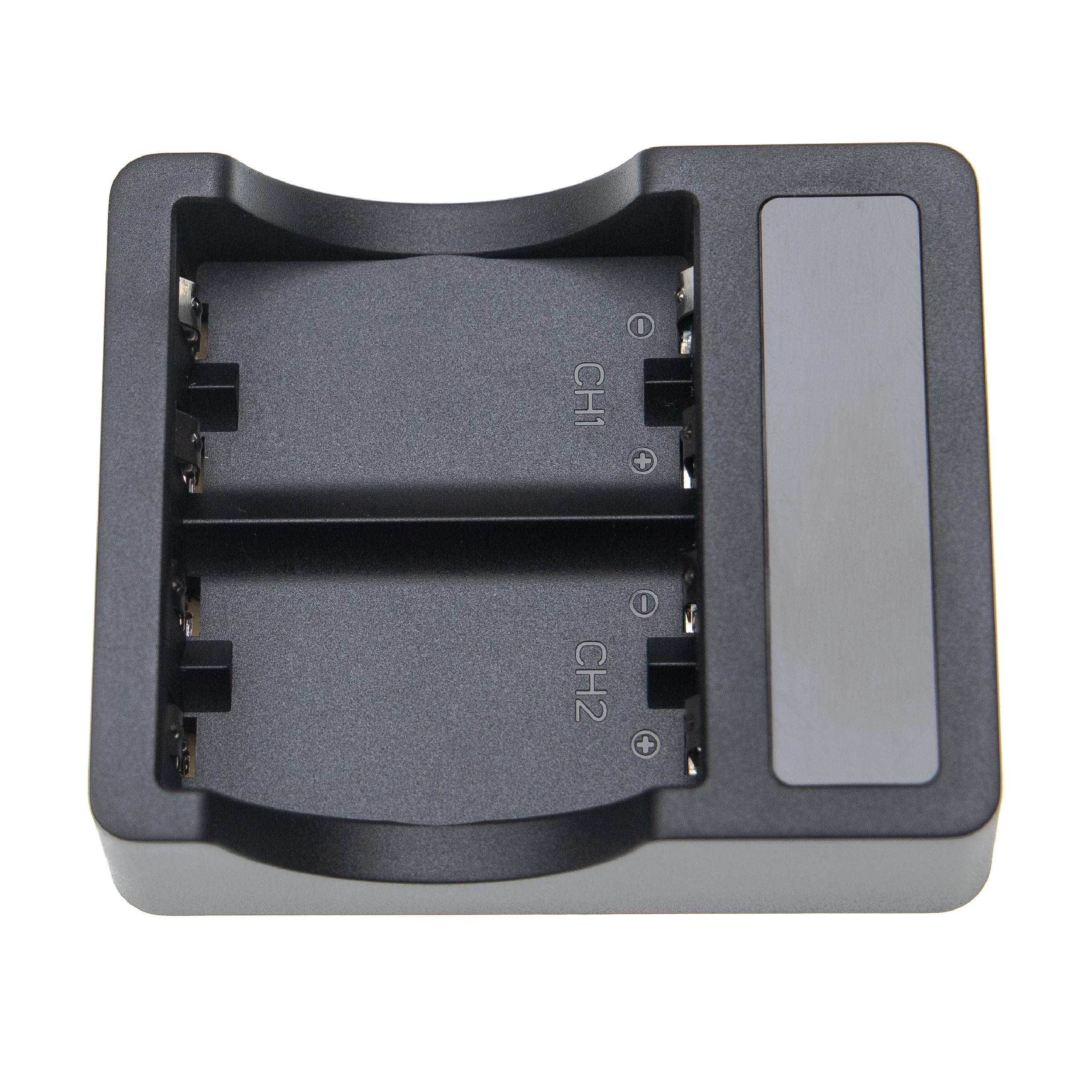 Schwarzes Batterieladegerät mit zwei Schlitzen, einer grauen Anzeige und Markierungen für die Kanäle 1 und 2.