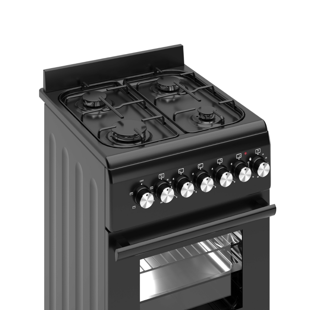 A black gas stove with four burners, control knobs, and an oven. The oven door is open. The stove is on a black background.