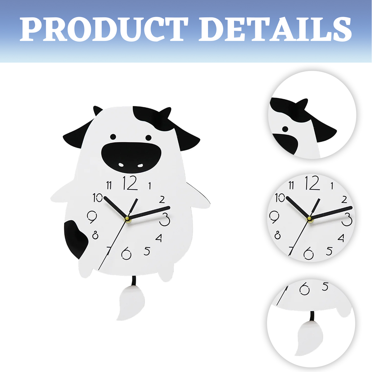 Eine weiße Uhr in Kuhform mit schwarzen Flecken und Zeigern, mit Pendel. Details zeigen das Zifferblatt und einen Kuhkopf.