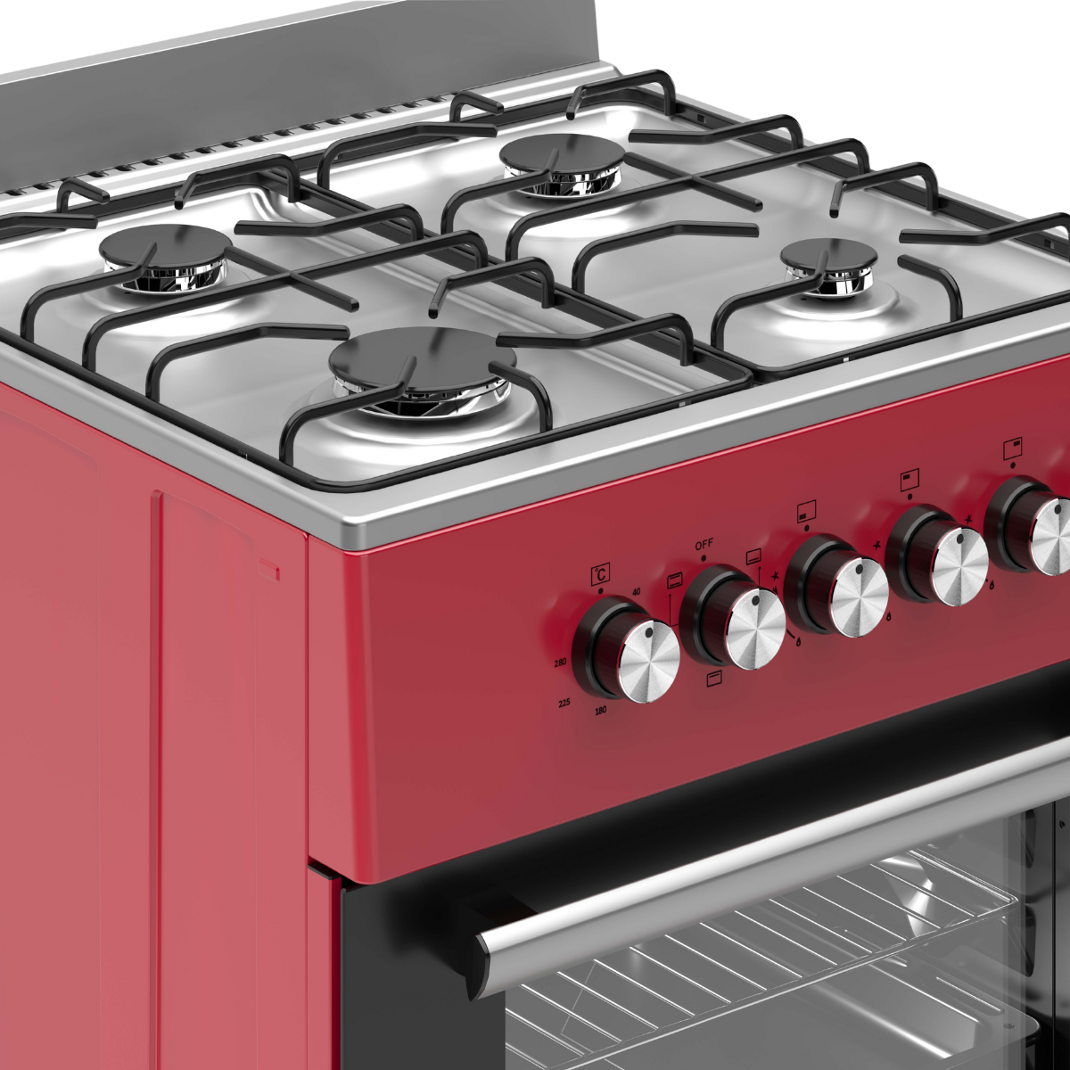 A red and silver gas stove with four burners and control knobs. The oven door is visible.