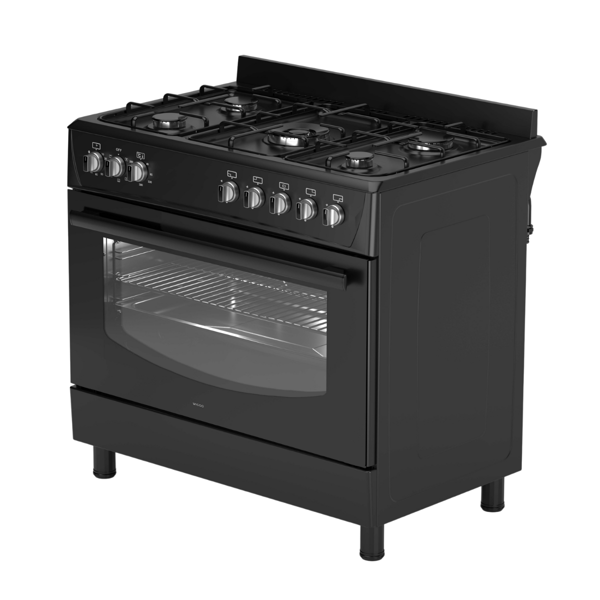 Een zwart gasfornuis met vijf branders en een oven. Knoppen en een glazen ovendeur zijn zichtbaar. Het fornuis staat op vier poten.