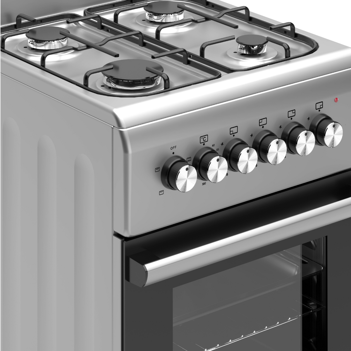 A silver gas stove. It has four burners, control knobs, and an oven with a glass door. The stove is clean and modern.