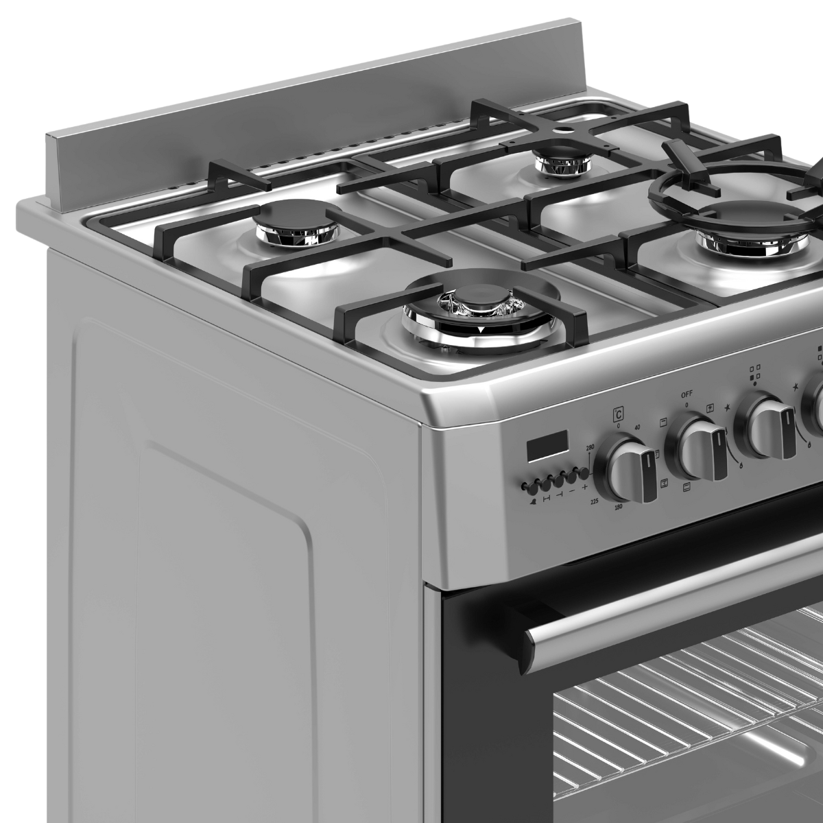 Une cuisinière à gaz en acier inoxydable avec quatre brûleurs, des boutons de commande et un four en dessous. La porte du four est ouverte.