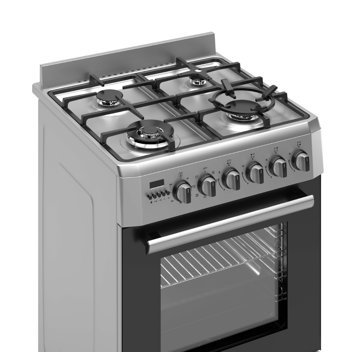 Een zilveren gasfornuis met vier branders, knoppen en een oven. De ovendeur is zwart met een zilveren handgreep. Het fornuis is nieuw.
