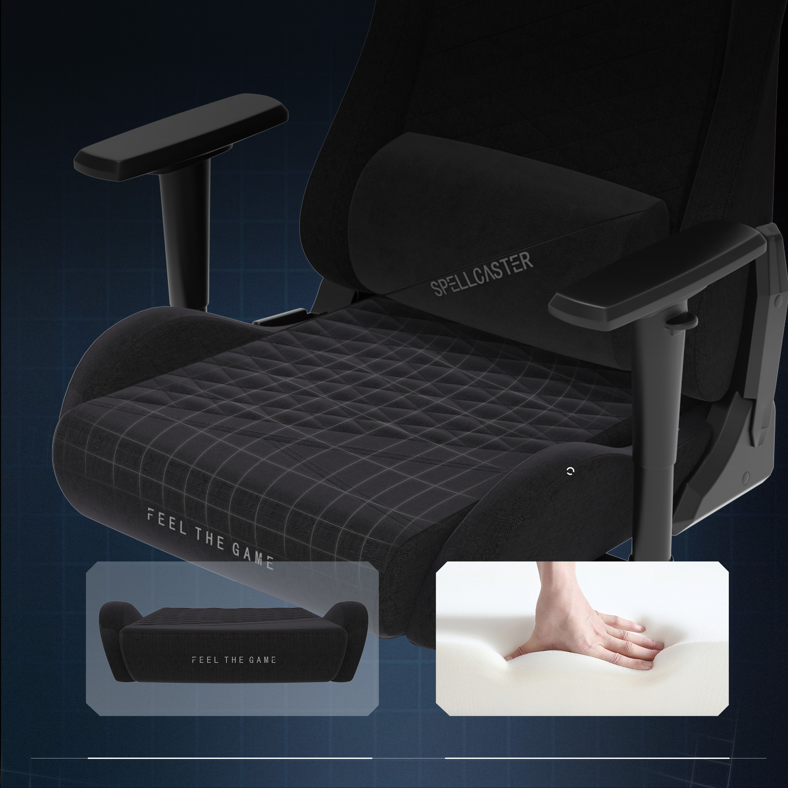 Schwarzer Gaming-Stuhl mit Armlehnen, Logo 'Spellcaster'. Einsätze zeigen Stuhlform und gedrückten Schaum.