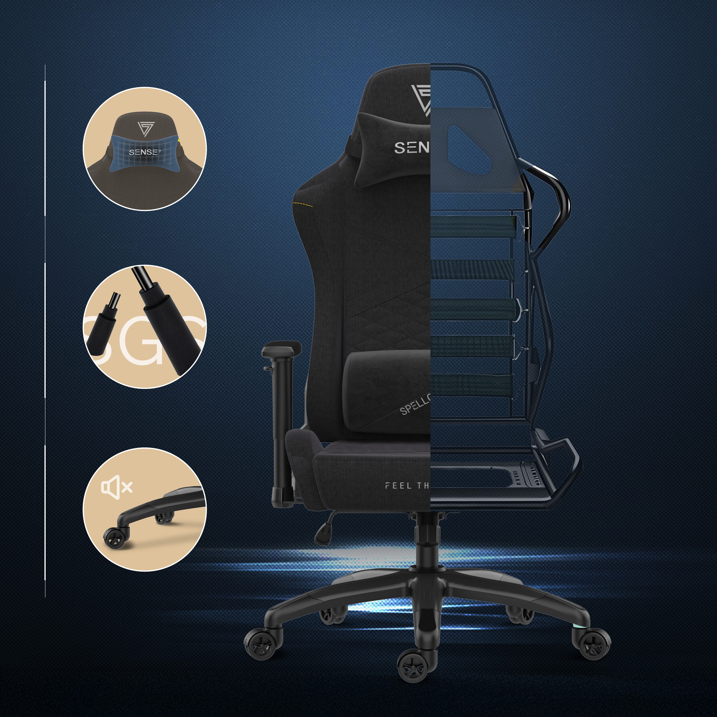Schwarzer und grauer Gaming-Stuhl mit teilweise ausgeschnittener Ansicht. Merkmale sind Kopfstütze, Lendenwirbelstütze und Basis mit Rädern.
