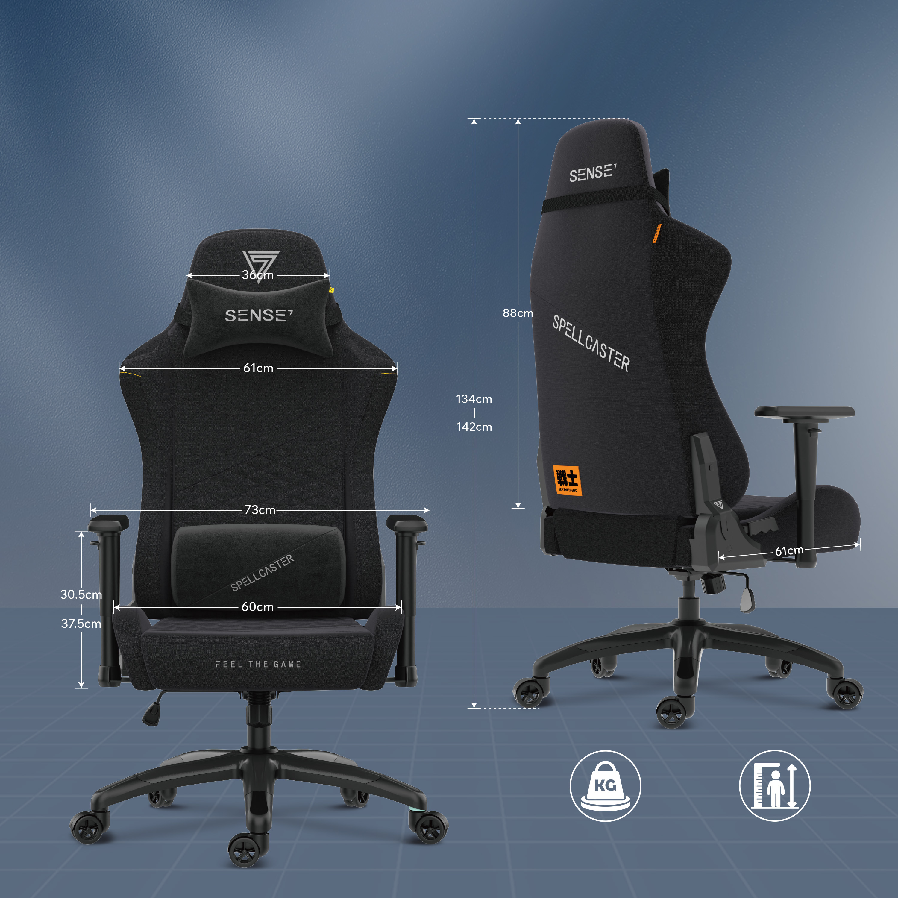 Schwarzer Gaming-Stuhl mit Maßangaben. Er hat das Logo 'SPELLCASTER' und ein Kopfstützkissen.