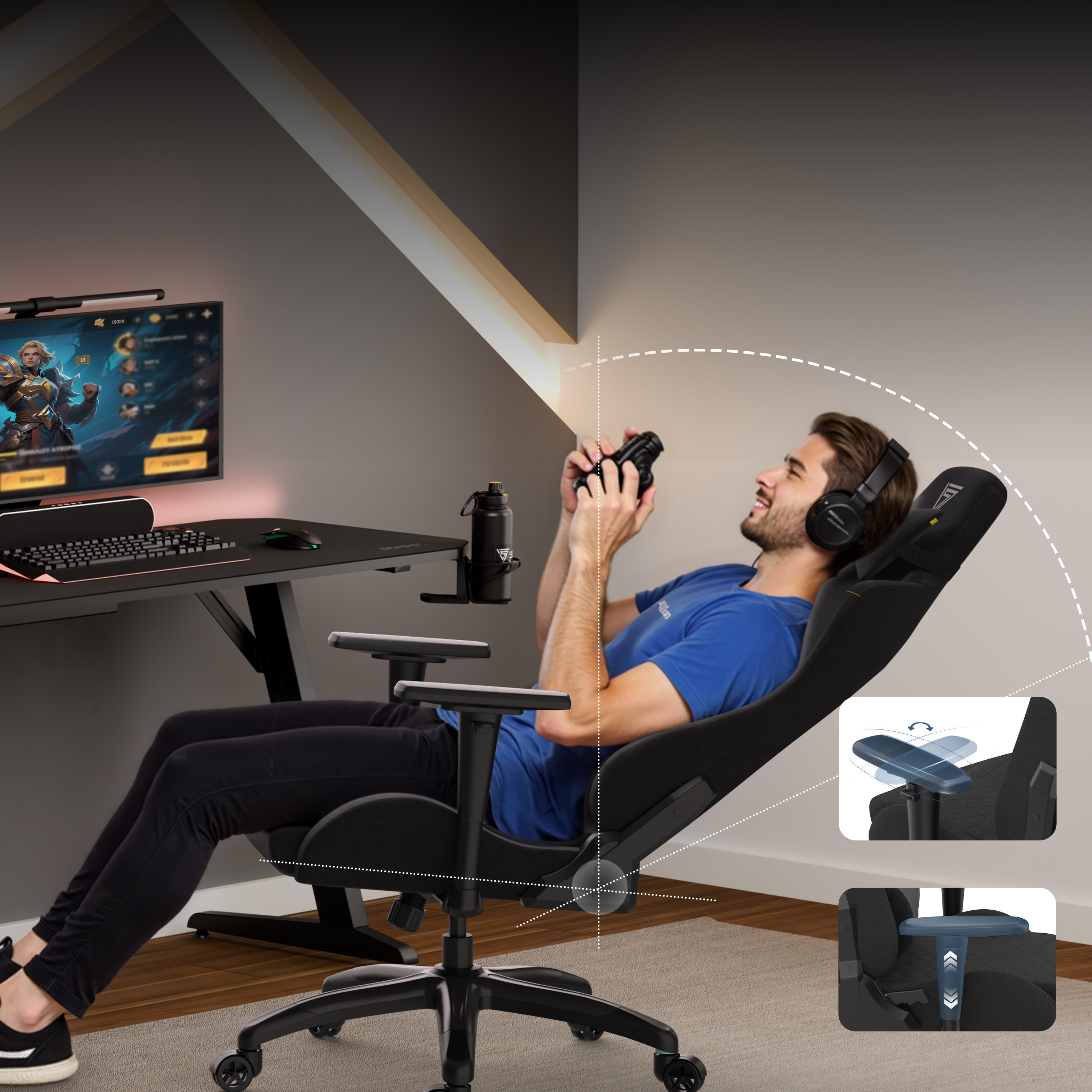 Mann in Gaming-Stuhl, spielt mit Controller. Monitor zeigt Spiel. Stuhl neigt sich, Armlehnenverstellung.