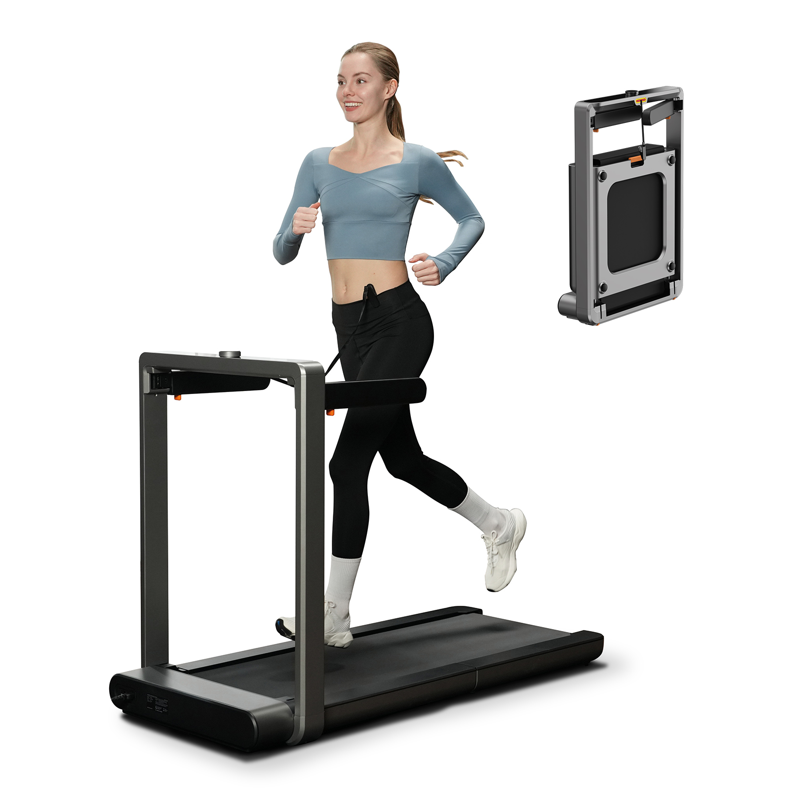 Eine Frau läuft auf einem Laufband. Das Laufband hat ein faltbares Design. Die Frau trägt Sportkleidung und Schuhe.