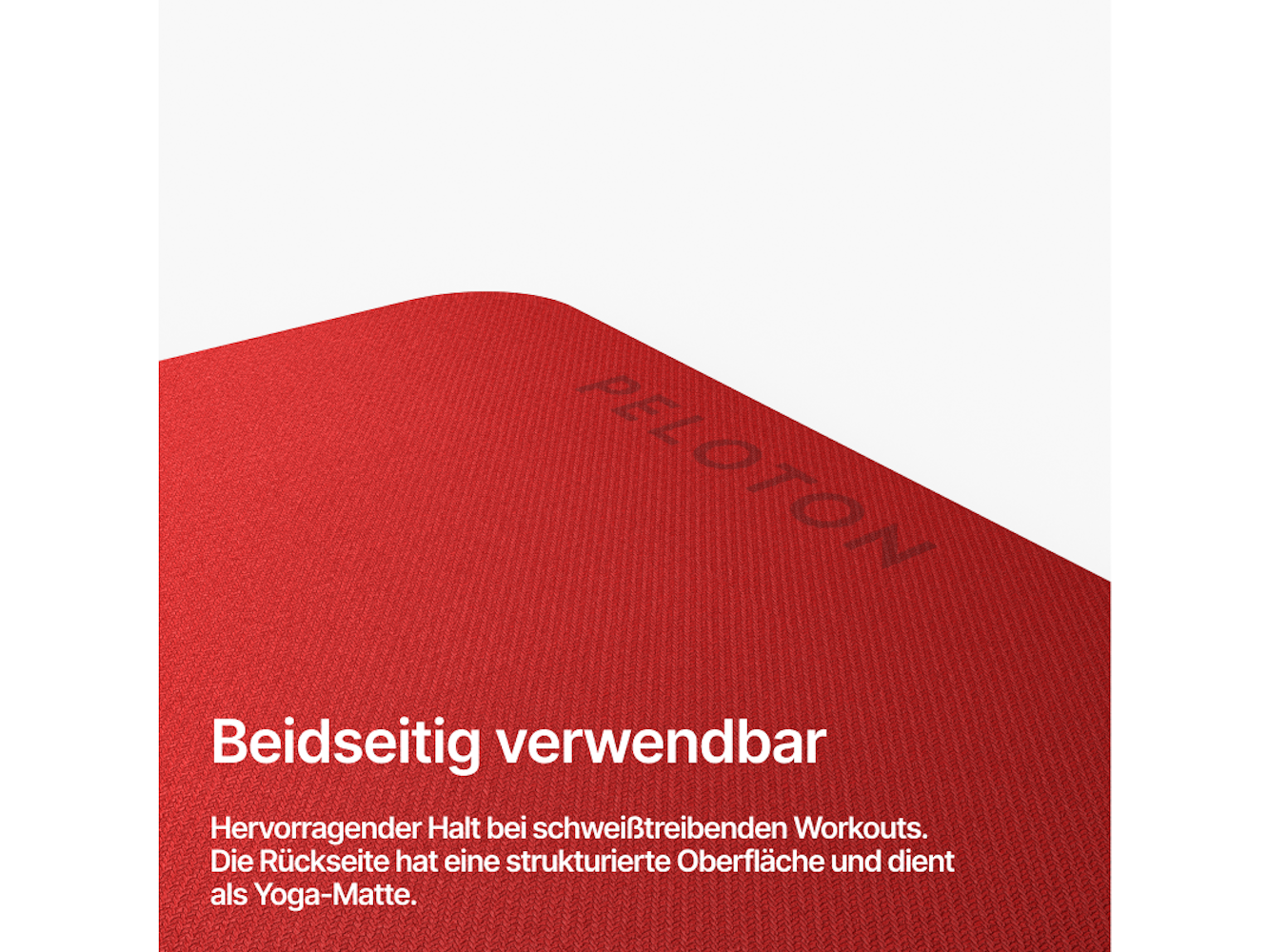 Rote Peloton Yoga-Matte mit weißem Hintergrund. Text sagt 'Beidseitig verwendbar' und Details über den Grip und die strukturierte Rückseite.