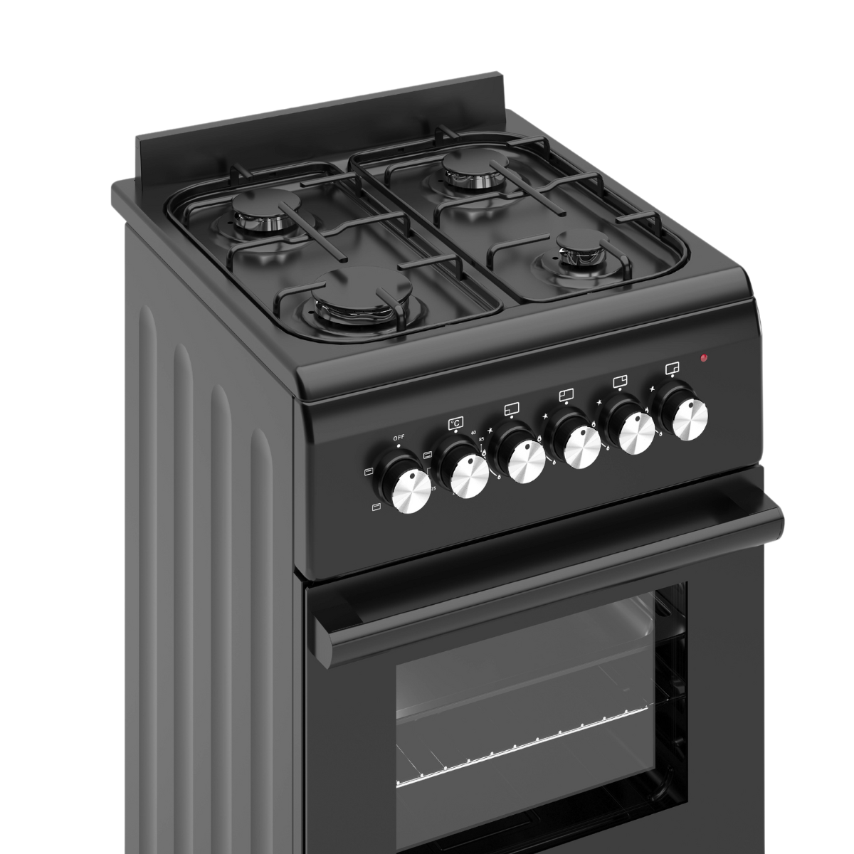 A black freestanding gas cooker with four burners on top, control knobs, and an oven with a glass door.