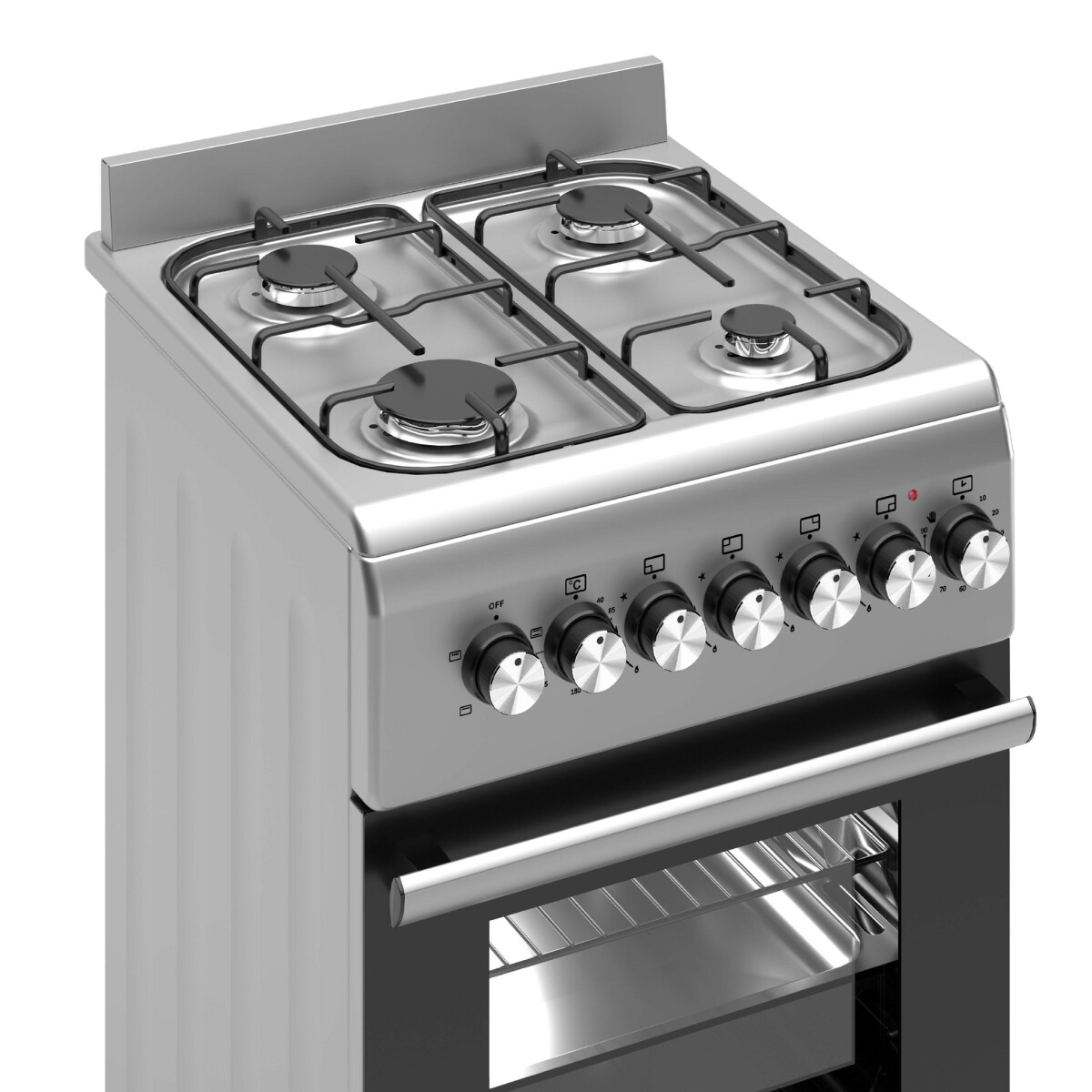 A stainless steel gas stove with four burners, knobs, and an oven. The oven door has a metallic handle.