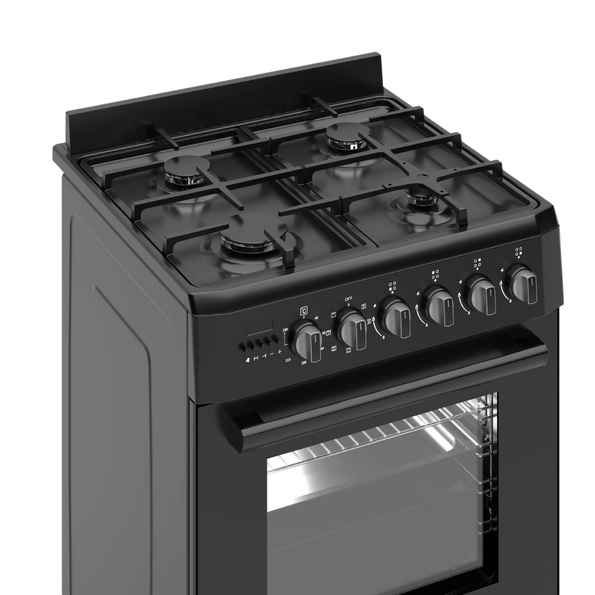 A black gas stove with four burners, control knobs, and an oven. The oven door is closed. The stove is on a black background.