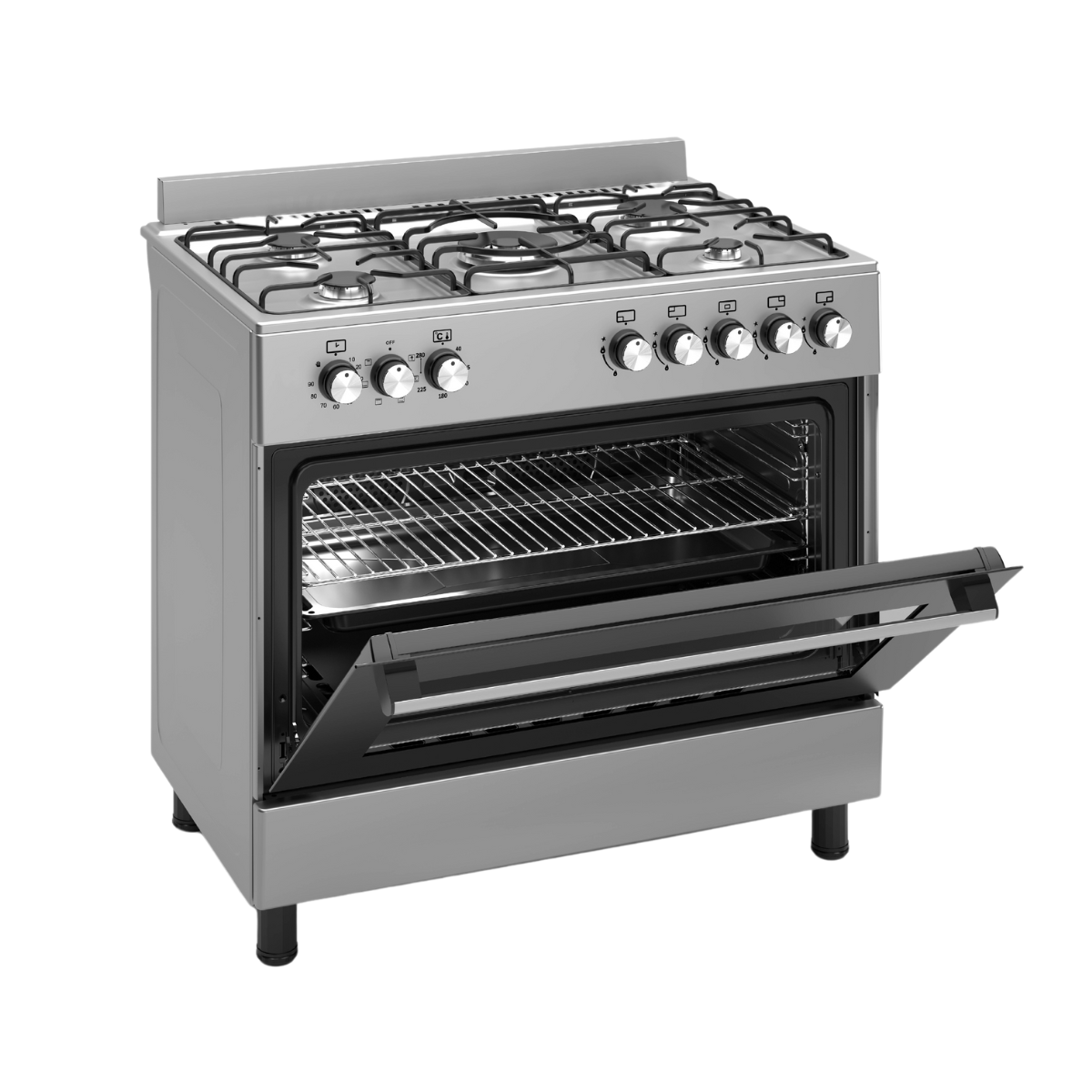 A stainless steel gas range with an open oven door. The cooktop has burners. Knobs and dials are visible on the front.