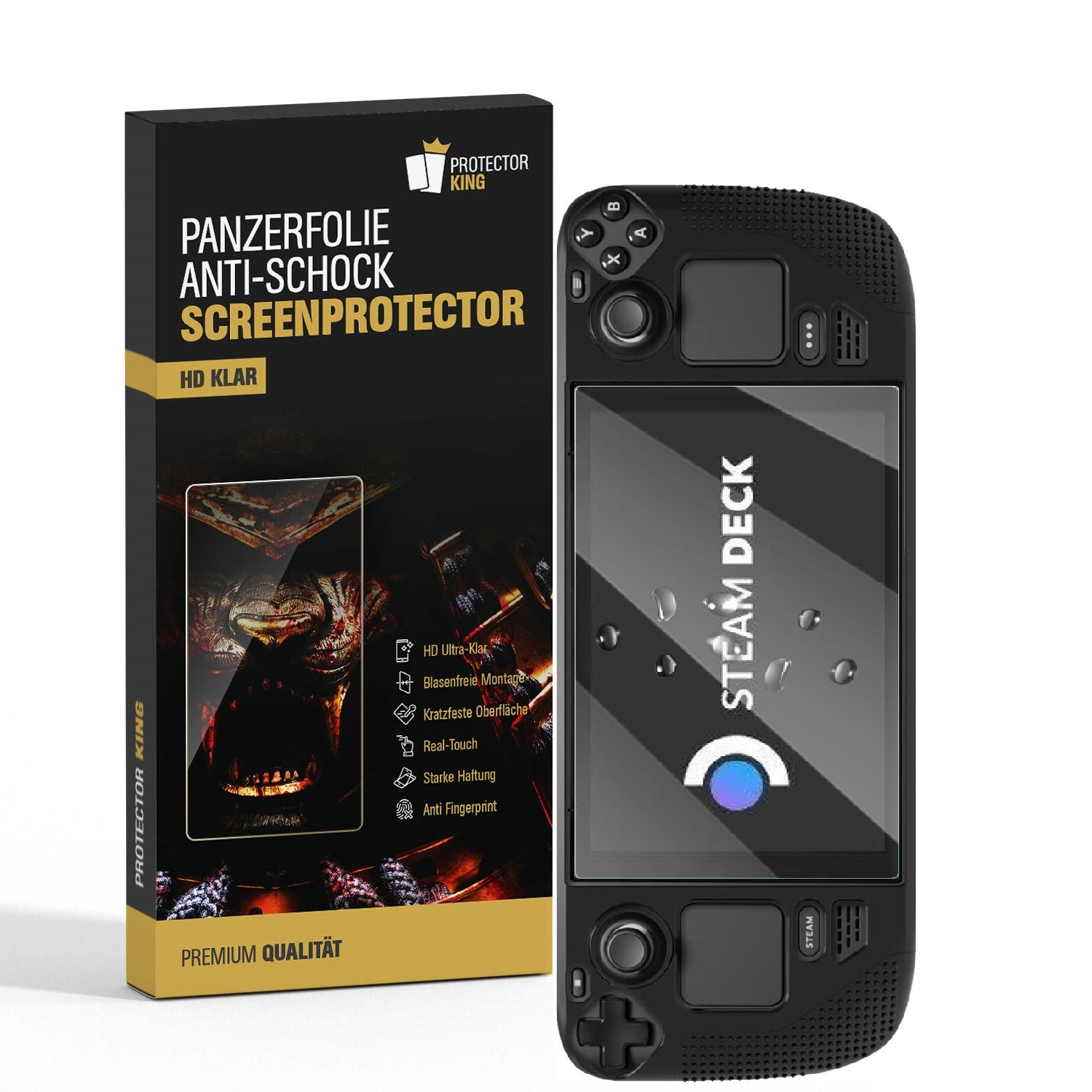 Ein Steam Deck und eine Displayschutzfolienbox stehen nebeneinander. Auf der Box steht Panzerfolie Anti-Schock Screenprotector.