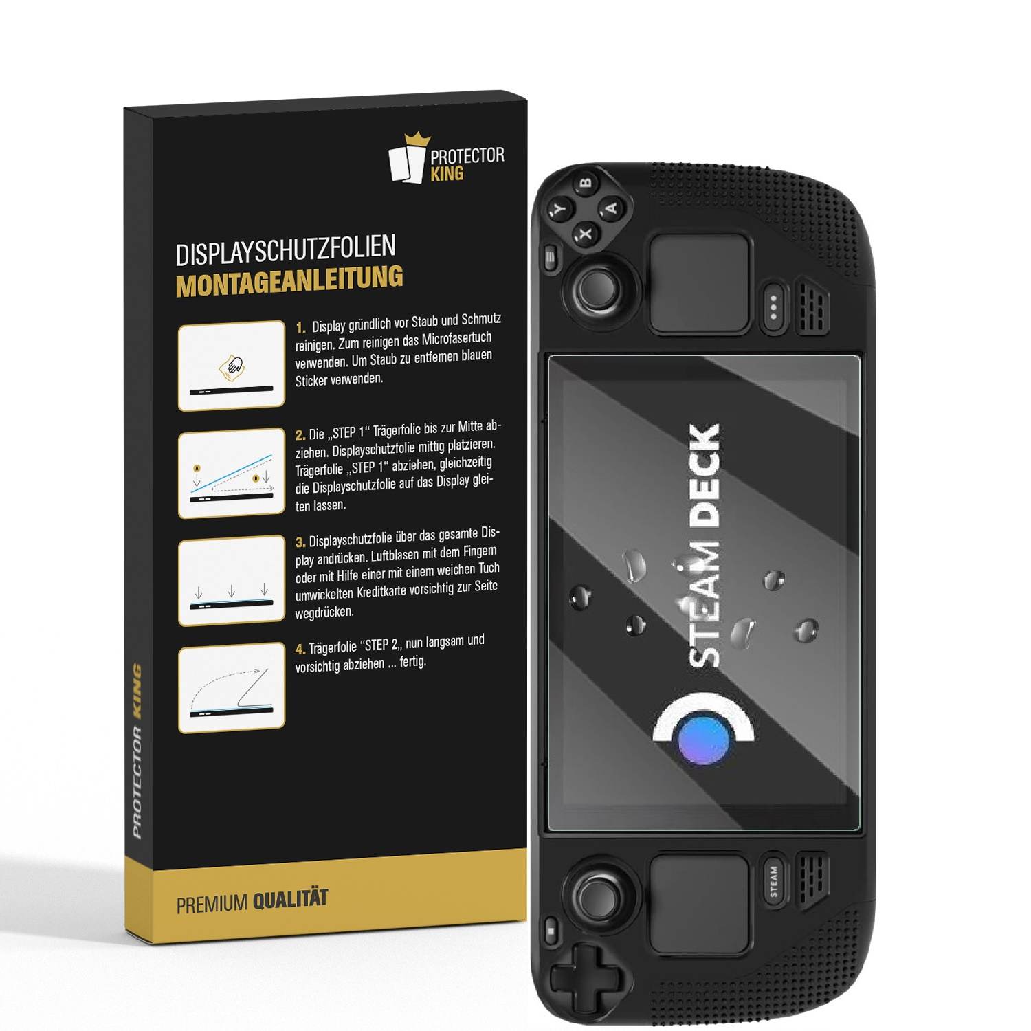 Eine Steam Deck mit Displayschutzfolie und eine Box, die die Anwendung zeigt.