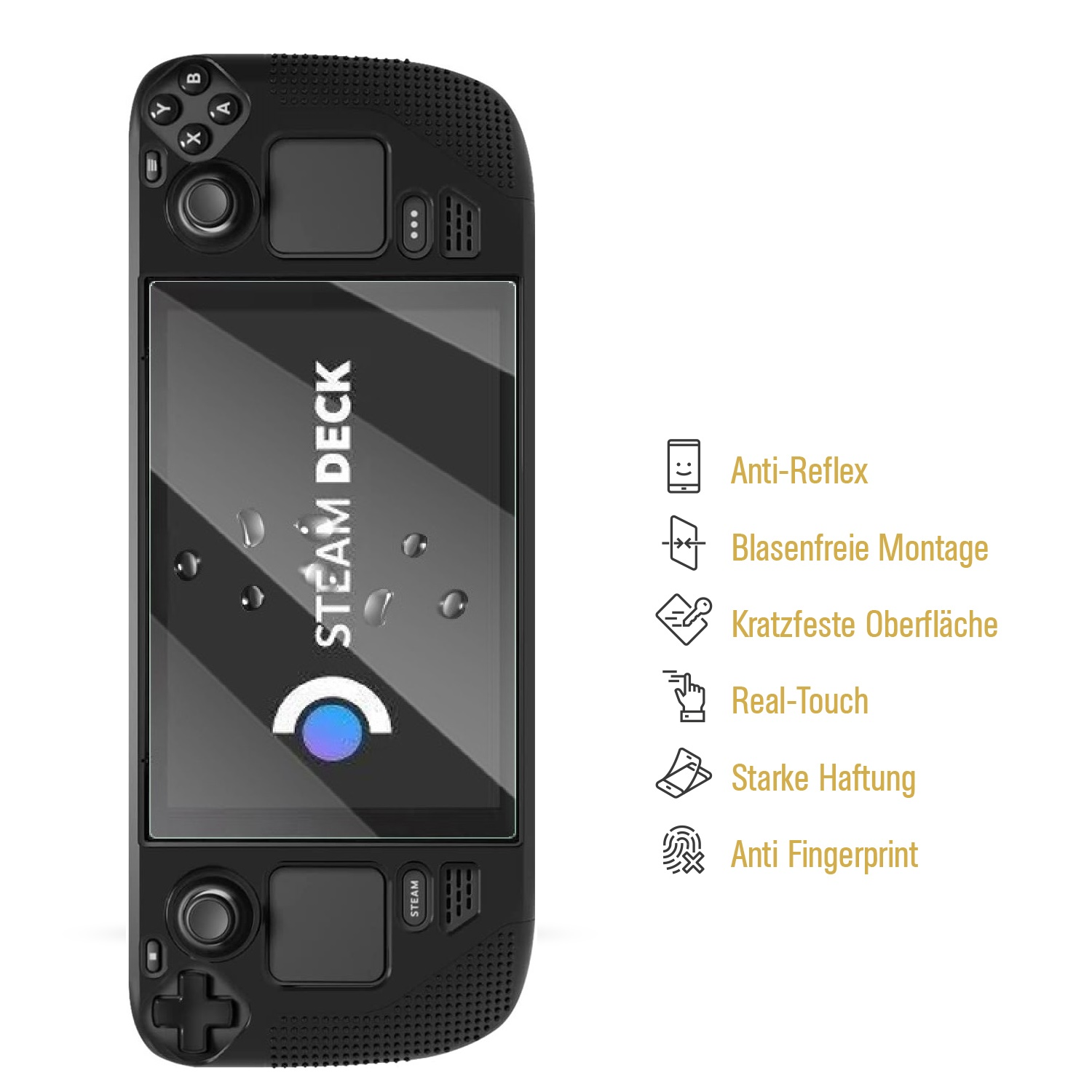 Ein schwarzes Steam Deck mit Displayschutz. Merkmale sind: Anti-Reflex, blasenfreie Installation, Kratzfestigkeit, Real-Touch, starke Haftung und Anti-Fingerabdruck.
